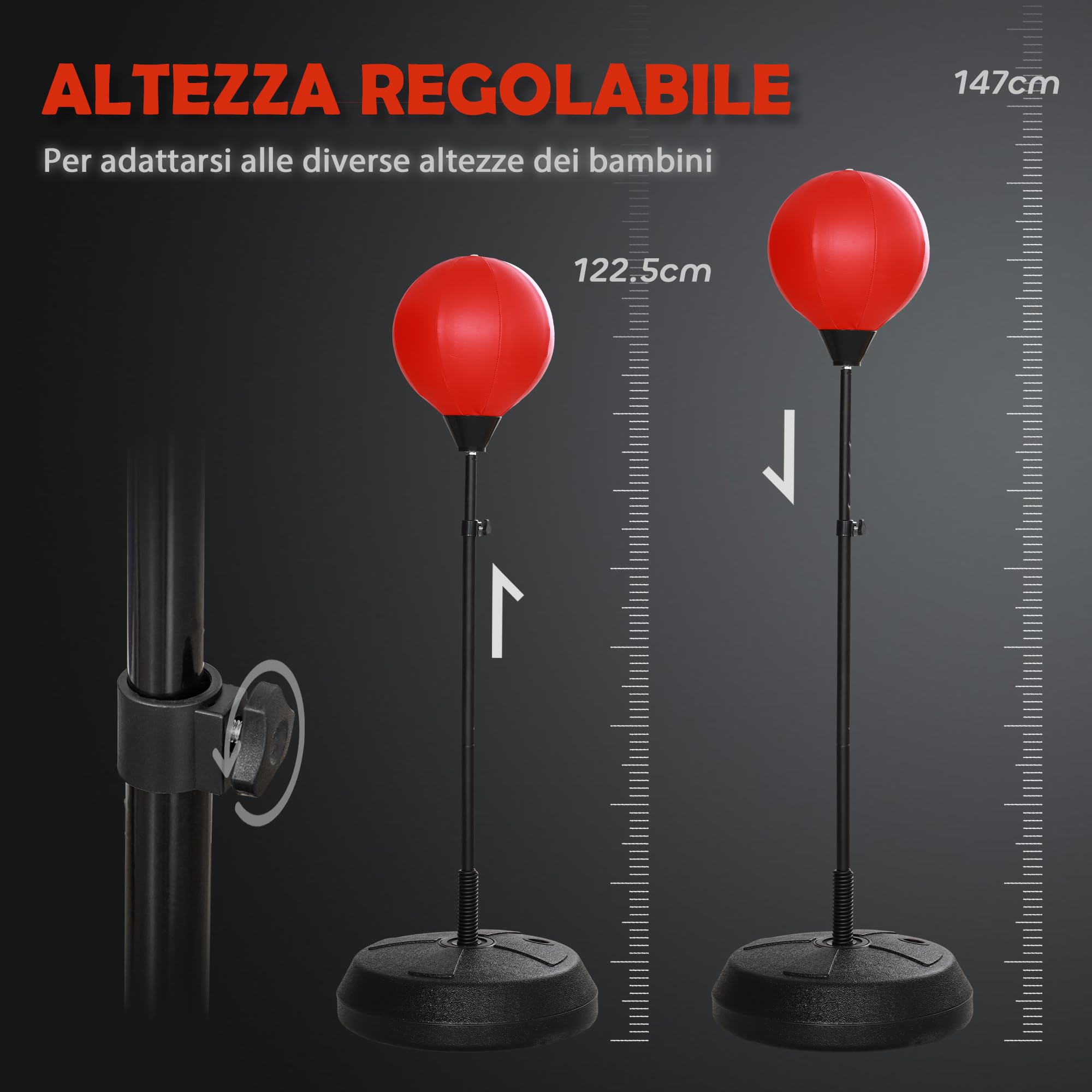 AIYAPLAY Set Punching Ball da Terra per Bambini con Guantoni, Pungiball Boxe con Altezza Regolabile da 122.5-147 cm, Età 5-10 Anni, Rosso