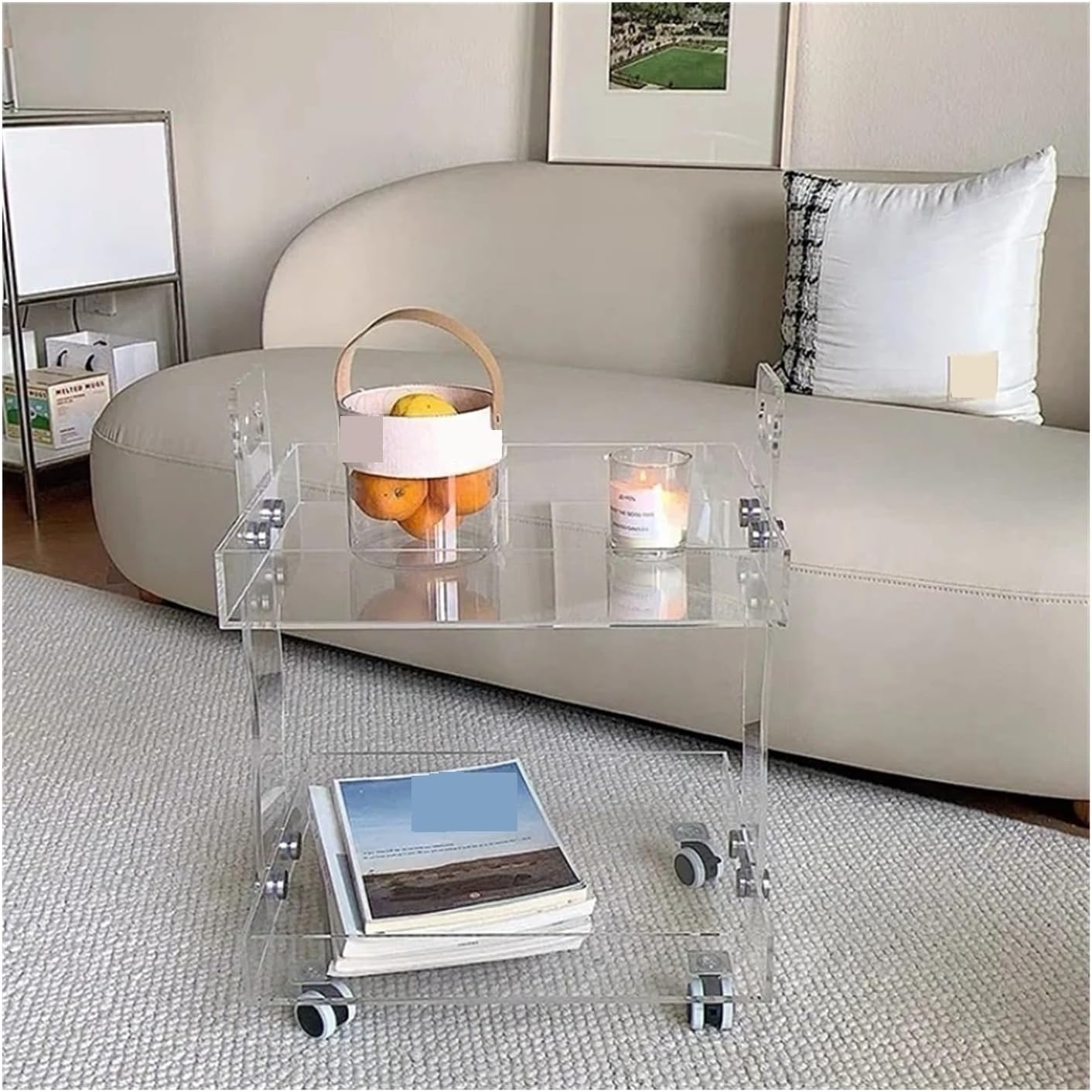 Amazon｜エンドテーブル 透明アクリルサイドテーブル、リビングルームトロリー収納キャビネット、ホームモバイルコーヒーテーブルベッドサイド
