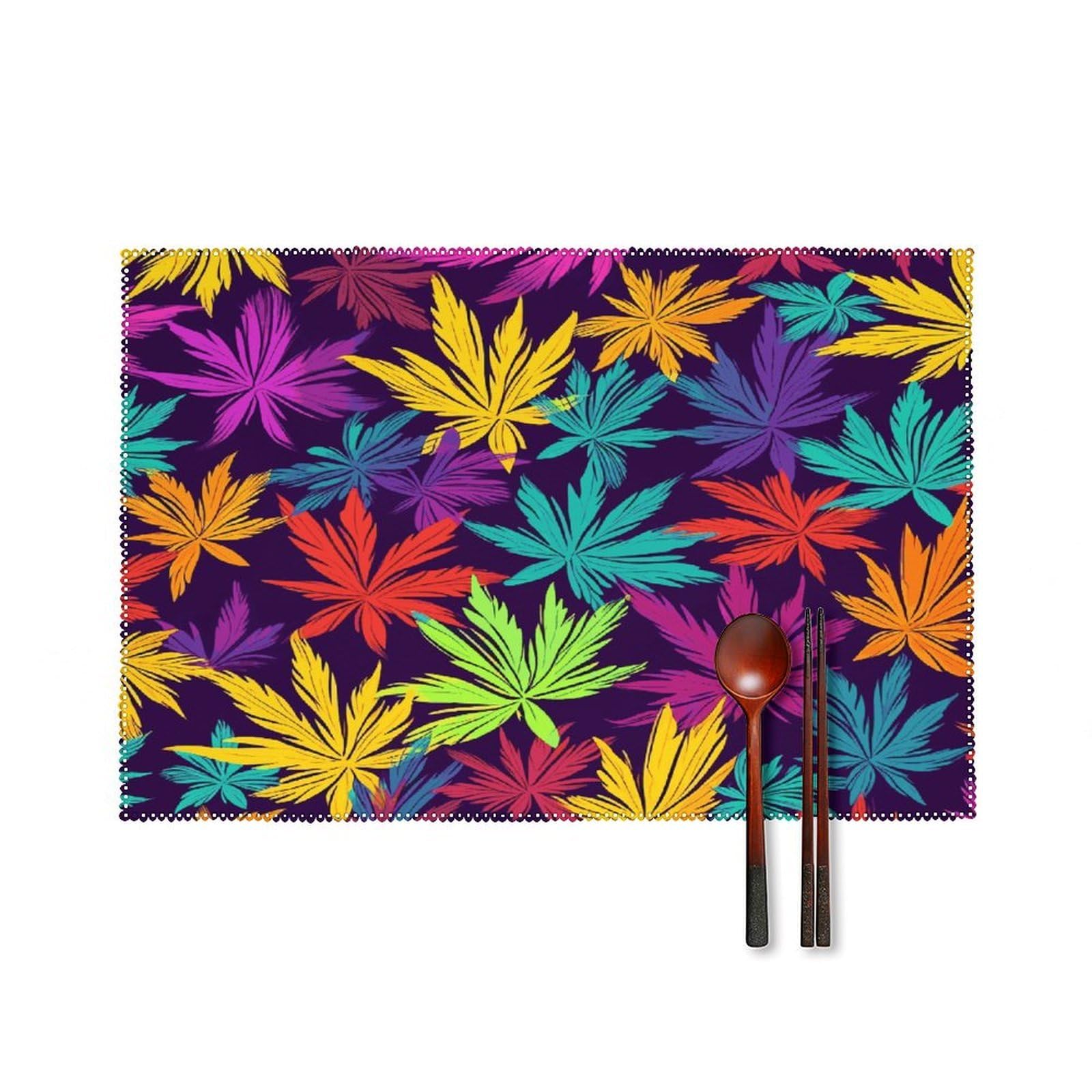 Bright Colorful Weed Pattern Placemats Set of 6 Heat-Resistant Washable Place Mats Wipeable Kitchen Placemat Easy to Clean for Indoor Outdoor Party Kitchen Decoration