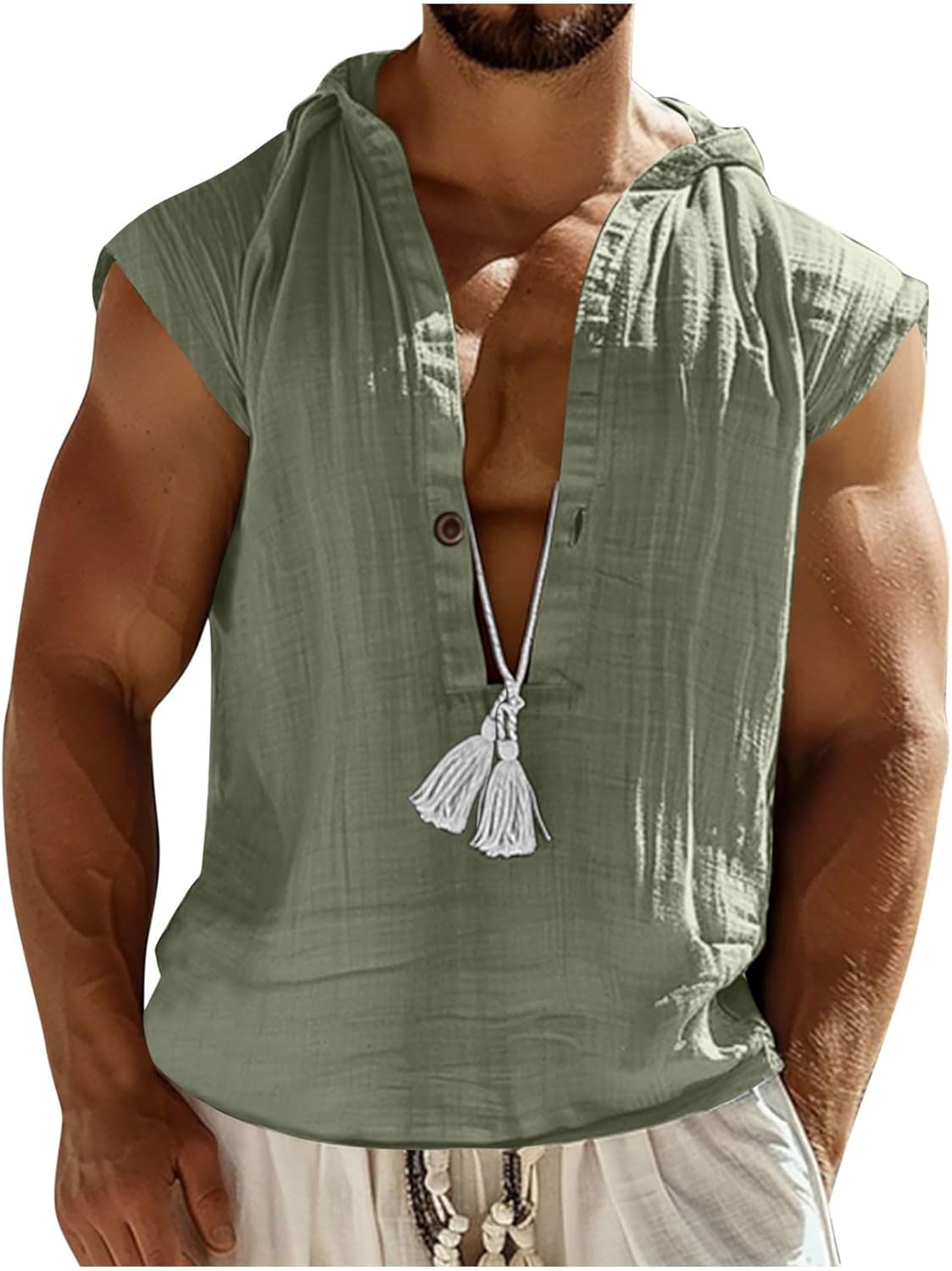 Cotton Linen Hoodie Shirts for Men V-Neck Short Sleeve Hooded Sweatshirts Summer Casual Pullover Tops