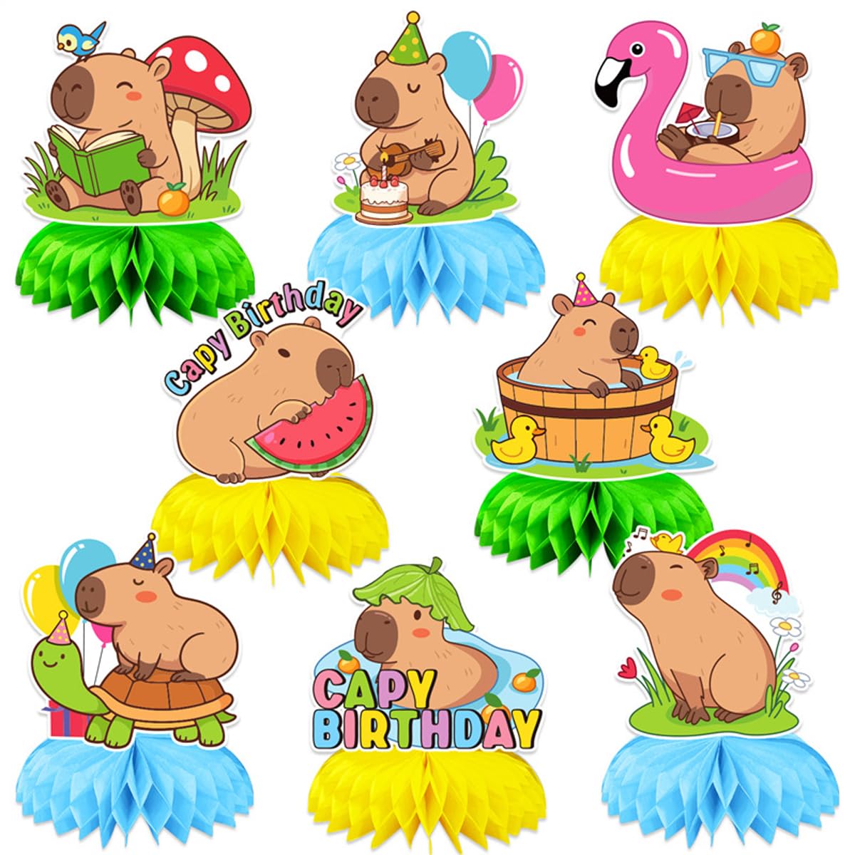 Fuwraixis Capybara Honeycomb Deco, 8-Piece Animal theme Birthday Party Decoration, Capybara Honeycomb Table Centrepiece, for anniversarie and family gathering