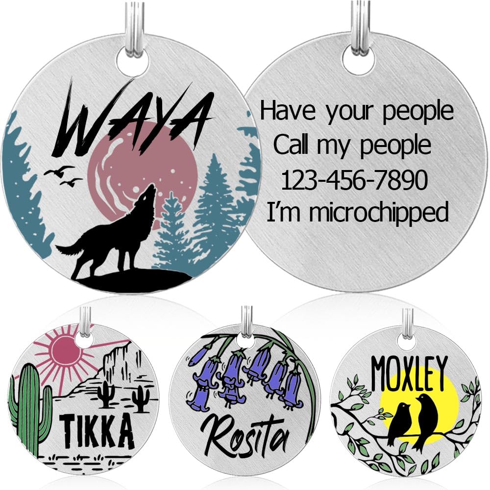Placas de identificación para perros, Etiquetas de nombres de mascotas grabadas con impresión en color, placas personalizadas para mascotas, etiqueta de soporte de collar (lobo)