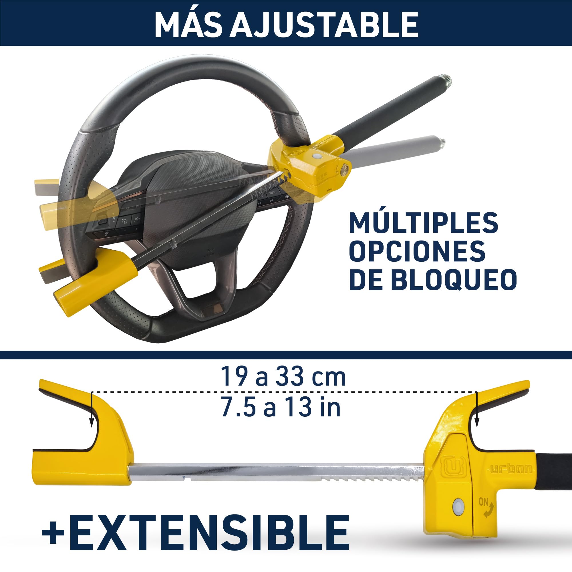 URBAN UR978Y Antirrobo Coche Doble Seguridad, Barra Volante Sin/Con Alarma Hi-Tech 120dB+LED Más Seguro y Visible, Bloqueo Automático, Patentado, Cepo Coche Universal Auto SUV Camper Autocaravana