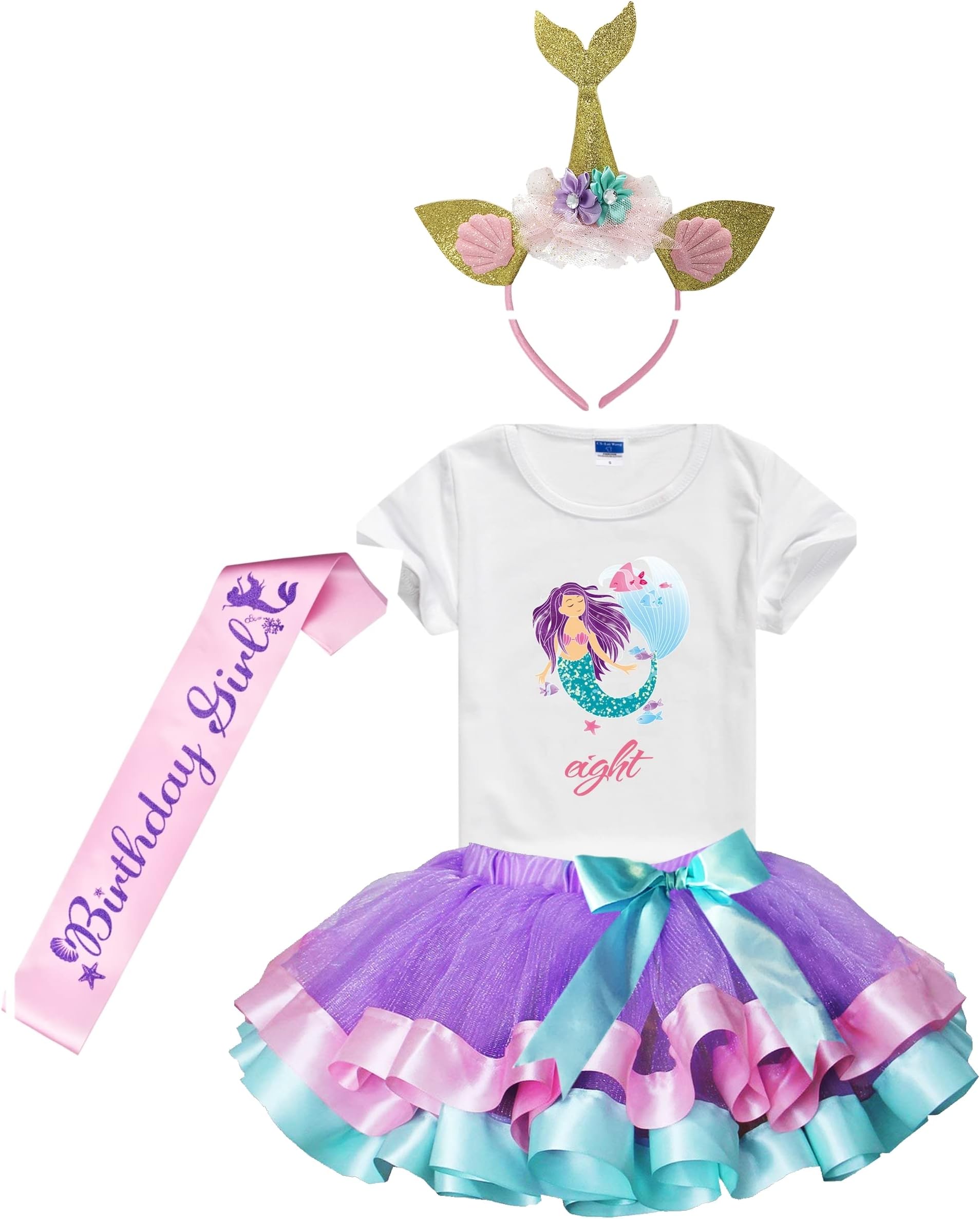 Girls Lavender Tutu Dress with Mermaid Birthday Tshirt & Headband, 3-8 Years
