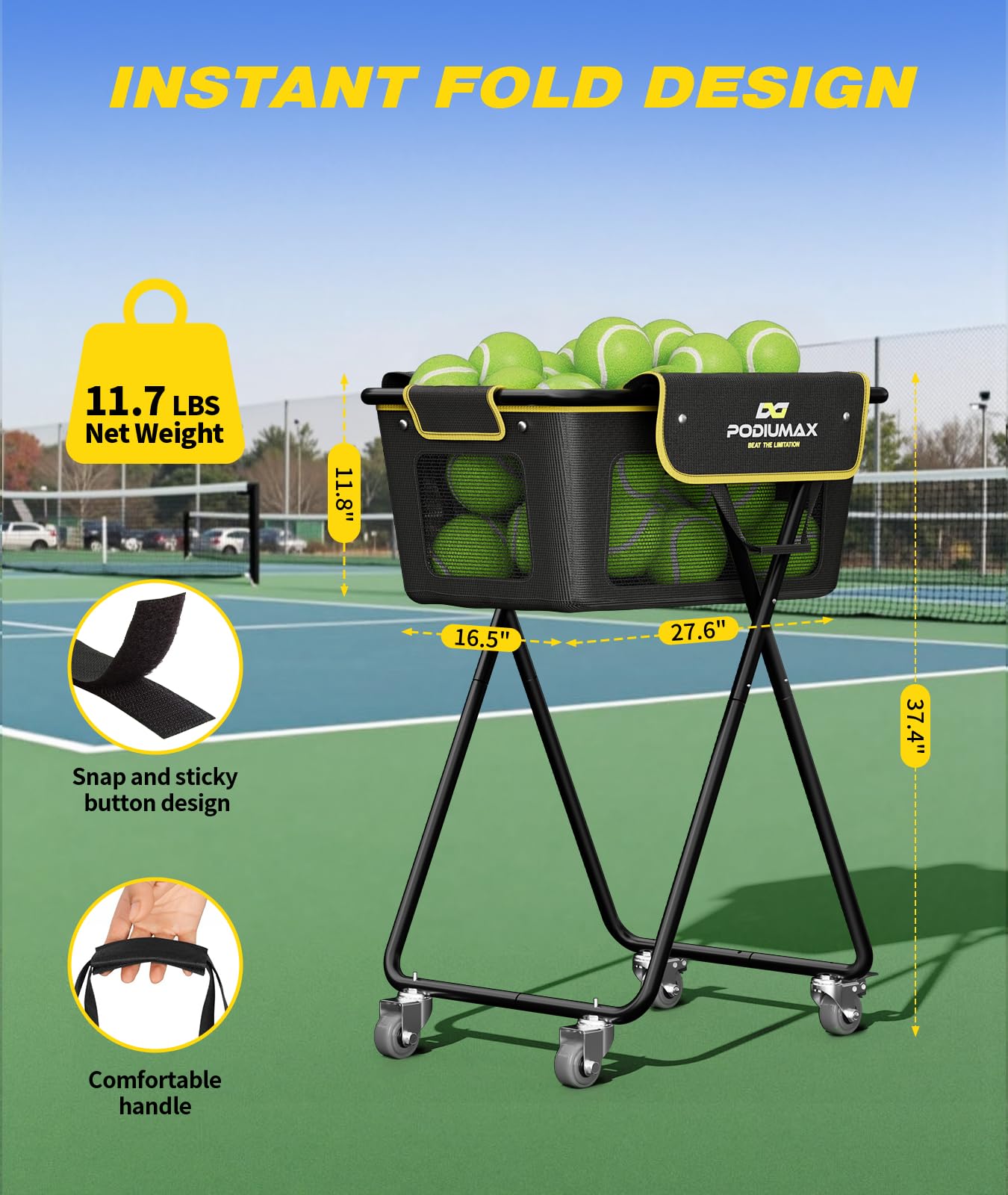 PodiuMax Pickleball - Tramoggia per palline da tennis, contiene 180 palline da tennis o 150 sottaceti, pieghevole, per uomini, donne, adolescenti, impermeabile, per studenti e allenatori