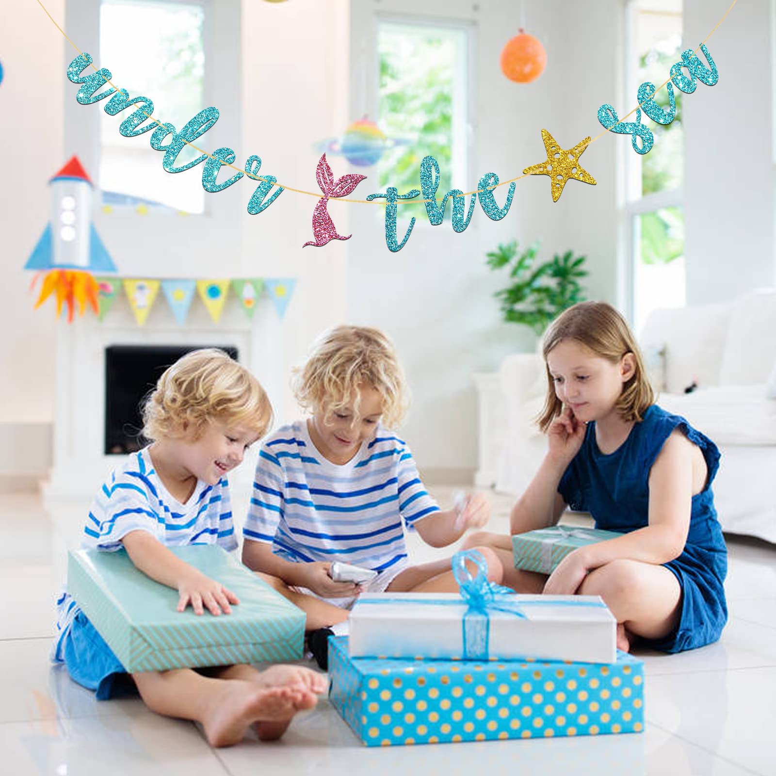Talorine Under The Sea Mermaid Birthday Banner - Blue Glitter Ocean Theme Party Decorations For Girls