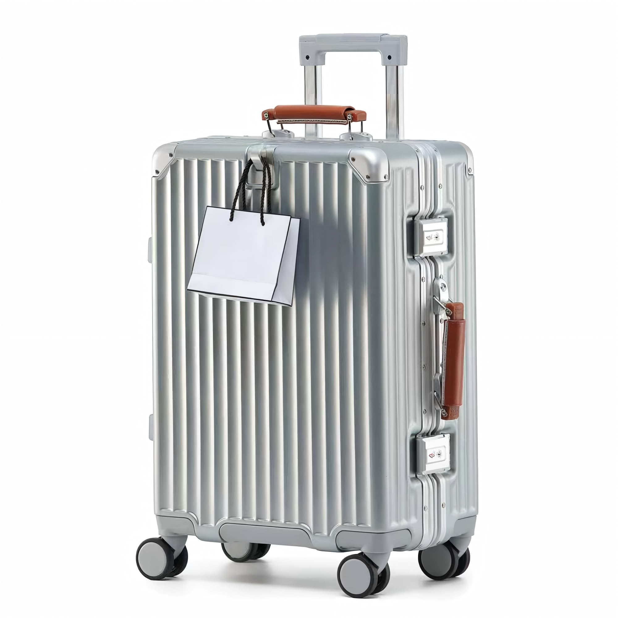 Aoliwei Aluminium-Rahmen Koffer Extra Großer XL (80cm) – Premium Hartschalen-Trolley für Reisen ab 13 Tagen, mit braunem Echtleder-Griff, TSA-Schloss & & 360° Silent-Doppelrollen, Silber