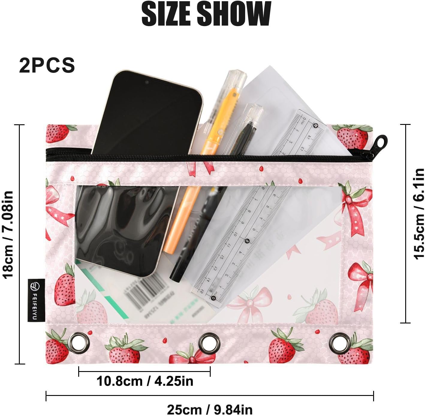 2 Pack Pencil Pouches for 3 Ring Binder, Pink Strawberries Bows Pattern Zipper Pouch, Pencil Case for Binder, Clear Top Pen Bag with Grommets for Office School College