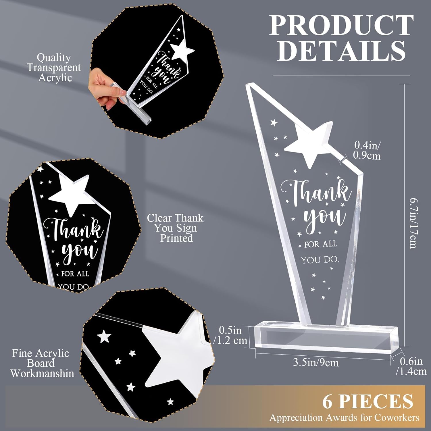 Geelin 6 Pcs Employee Appreciation Gift Acrylic Thank You Gifts Inspirational Plaque Keepsake for Coworker Teacher Nurse Team Volunteer Retirement Awards(Star)