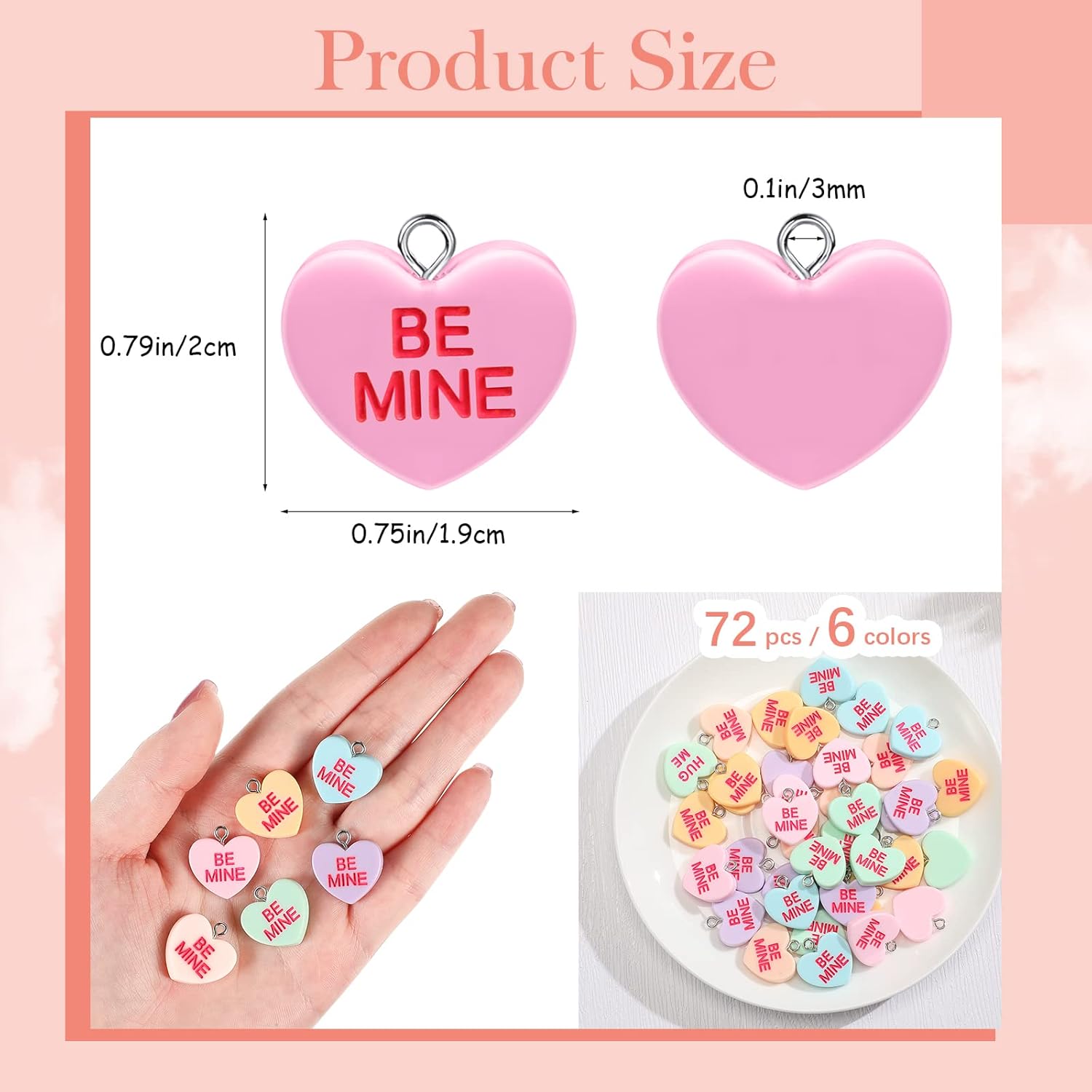 MTLEE 72 Pcs Valentine Heart Charms Conversation Heart Resin Love Colorful Candy Charms Beads Flat Pendant for Valentine's Day DIY Craft Bracelet Necklace Jewelry Making - Image 2