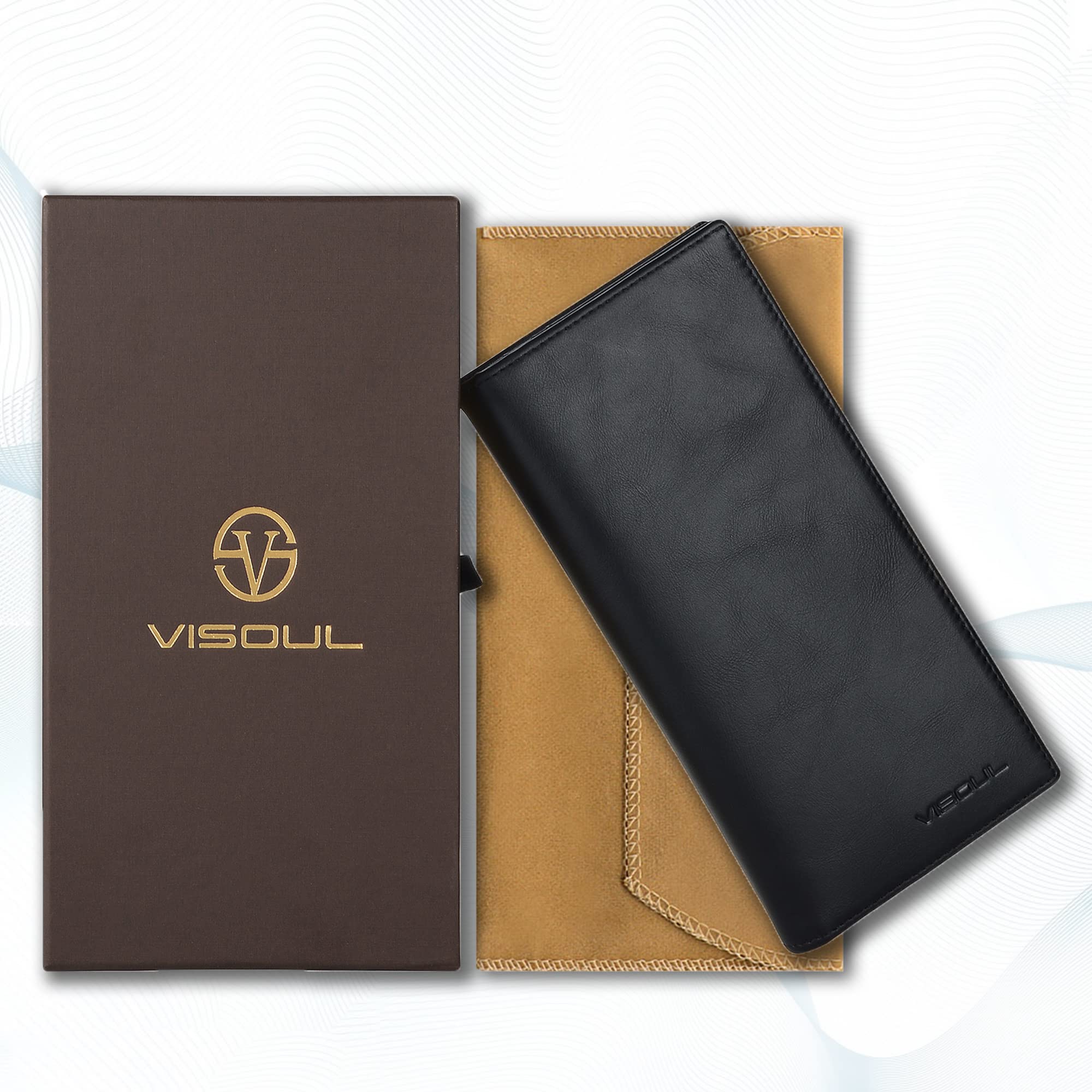 VISOUL Portefeuille Homme en Cuir Véritable, Portefeuille Long à Deux Volets en Cuir avec Blocage RFID, Porte Chéquier avec 3 Compartiment à Billets et 12 Emplacements pour Cartes (Noir)