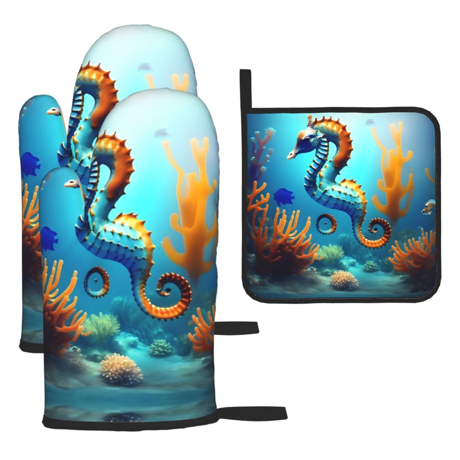 Seabed coral seahorse 3 Piece Kitchen Oven Mitt Set Heat Resistant Gloves with Pot Holder Mat Polyester Printed for Cooking Baking BBQ Grill