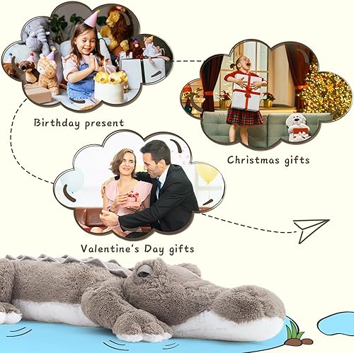 Miniatura 5 de MorisMos Animal de peluche de cocodrilo gigante de 46 pulgadas, suave juguete de almohada de cocodrilo grande, regalo de cocodrilo grande para niños