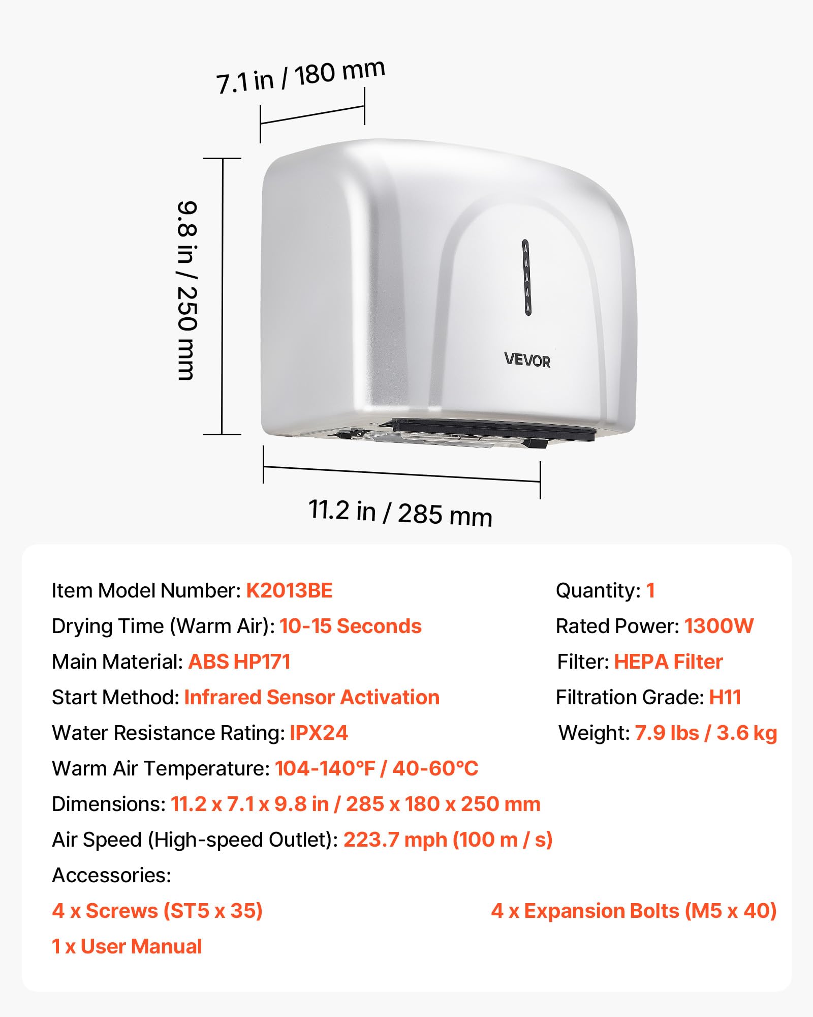 VEVOR Secador de Manos Automático de Velocidad 1300 W con Filtro HEPA | Secador de Manos de Aire Acero Inoxidable, Montaje en Pared para Baños Hoteles Aeropuertos Oficinas Hospitales Uso Comercial