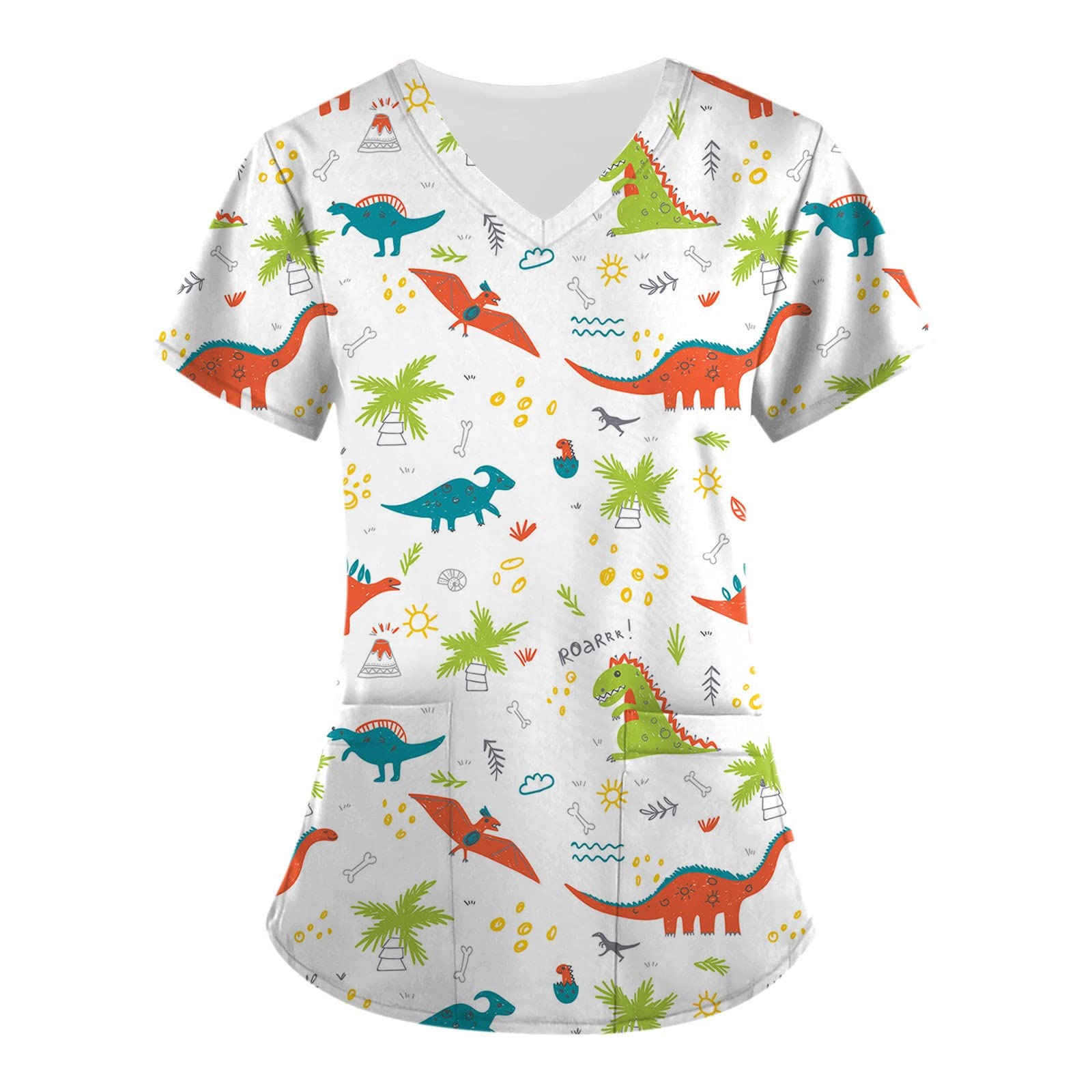 Scrub Tops Women Short Sleeve V-Neck Holiday Printed Medical Nurse Uniforms Scrub Tops Shirt with Pockets