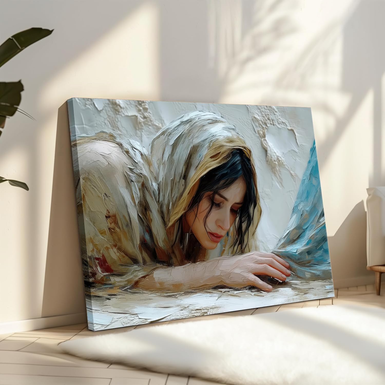 Jesus Heals The Girl Wall Art Woman Touches The Hem Of Jesus'Skirt Wall Decor picture religion Bible Stories Canvas Poster print Artwork for Christian bedroom Living Home Decor 16x24in Wrapped Canvas