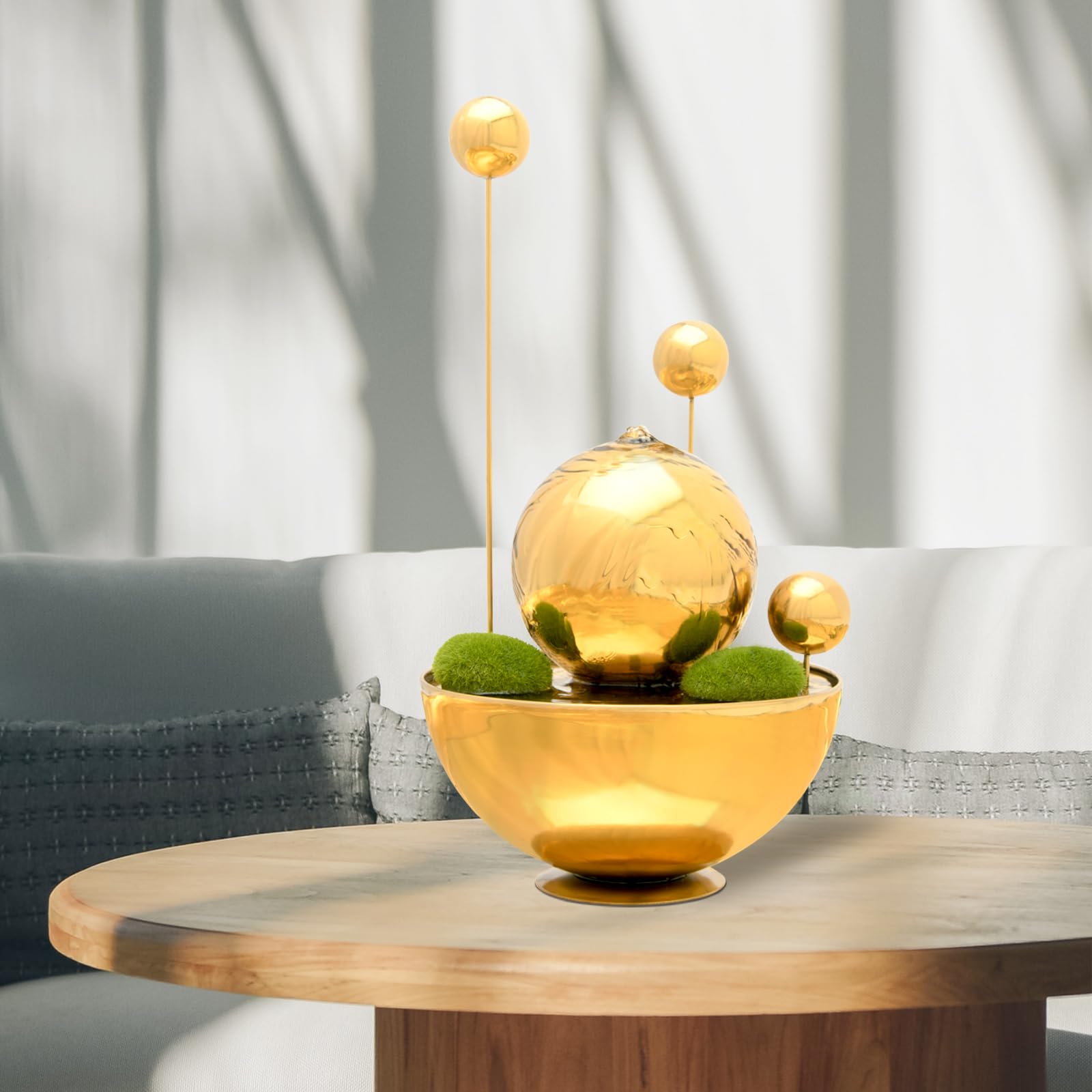 Tabletop Water Fountain with LED Lights,Automatic Pump with Power Switch, 3 Dops Balls includes Double Natural Moss Rocks,Golden Desktop Fountain for Home,Hotle,Office Decor