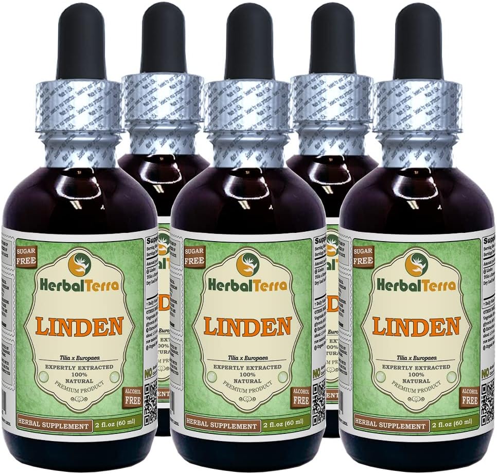 Linden (Tilia x europaea) Glycerite, Organic Dried Leaves and Flowers Alcohol-Free Liquid Extract (Brand Name: HerbalTerra, Proudly Made in USA) 2x2 fl.oz (2x60 ml)