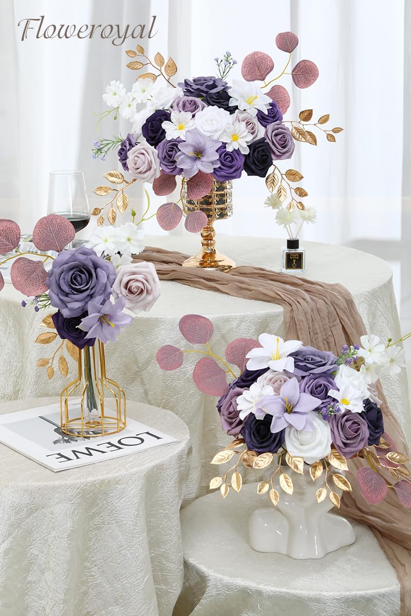 Floweroyal Artificial Flowers Combo Purple Flowers Mix Silk Flowers Fake Roses with Stems for DIY Wedding Bridal Bouquets, Baby Shower, Floral Arrangement, Table Centerpieces, Home Decorations - Image 4