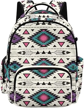 Poceacles Kids School Backpack 17 Inch Large Capacity School Bag Book Bag Adjustable Shoulder Straps Casual Daypack for Elementary Middle School Boys Girls, Aztec Pattern Cream White