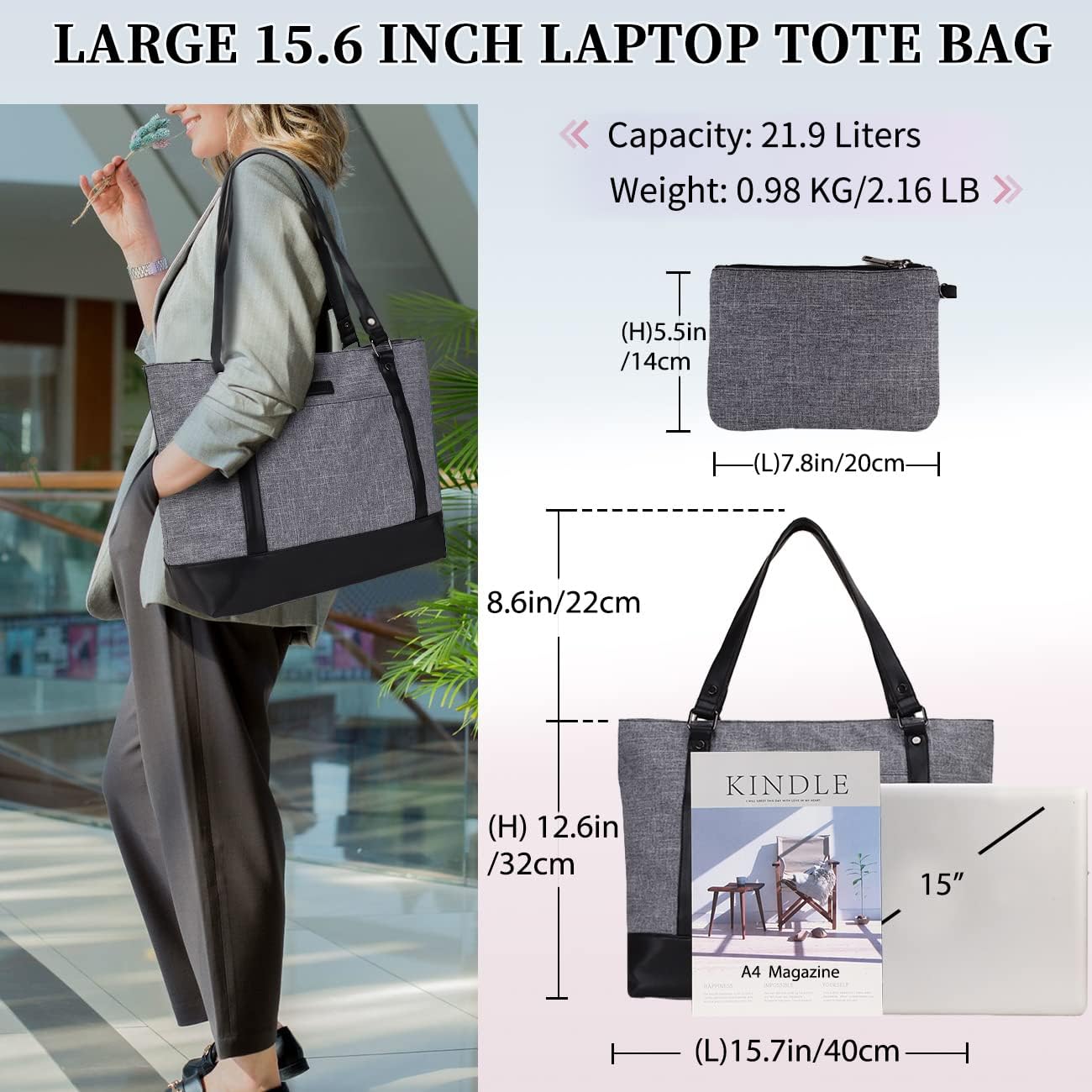 Laptop Tote Bag for Women, 15.6 Inch Computer Shoulder Bag Teacher Work Bag Travel Purse with Small Pouch VONXURY - Image 3