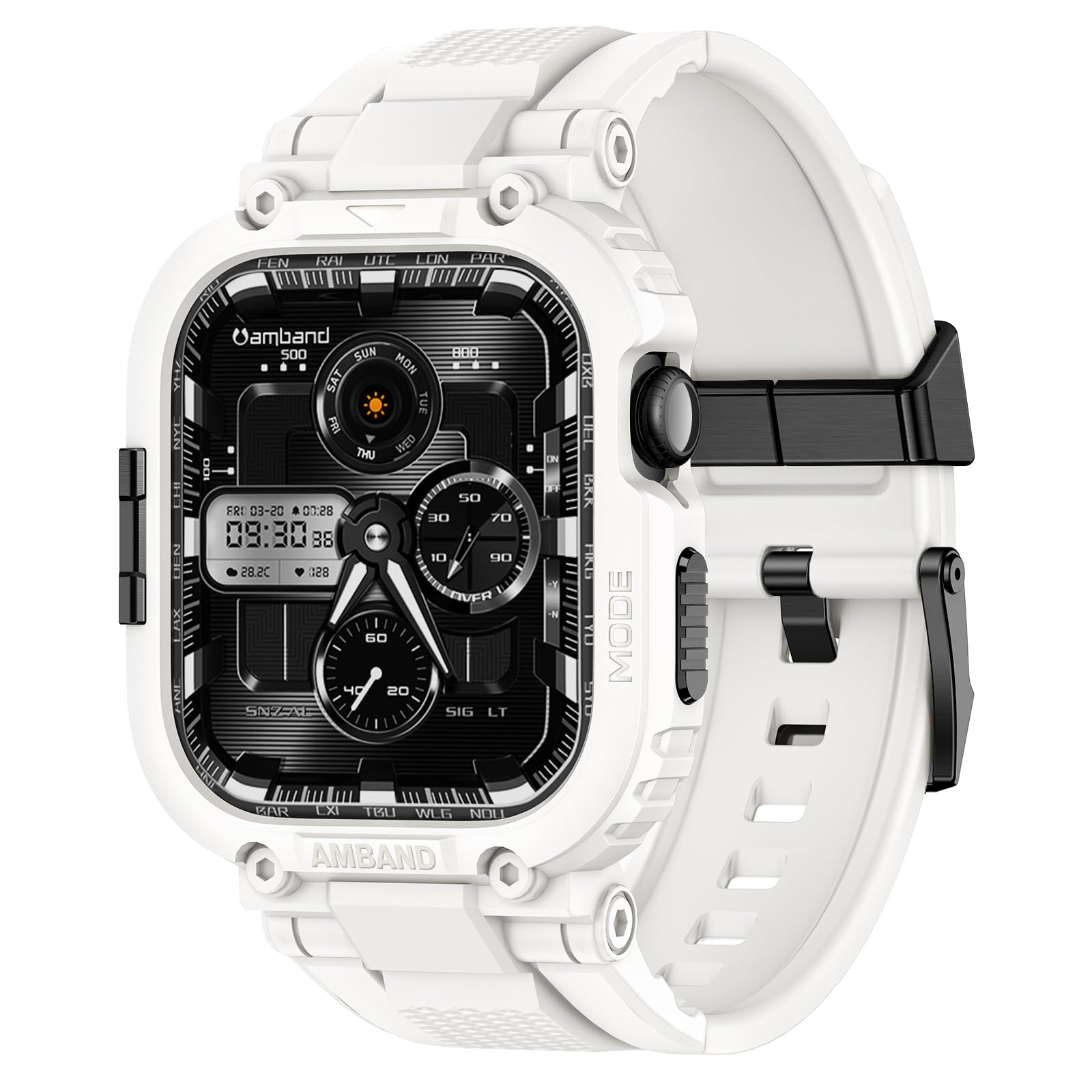 amBand 46mm for Apple Watch Series 11/10 Band Case Men, M1 Sport Rugged Heavy Duty Cover Tactical Strap Military Grade Protective Bumper Protector for iWatch 46 mm Men - White