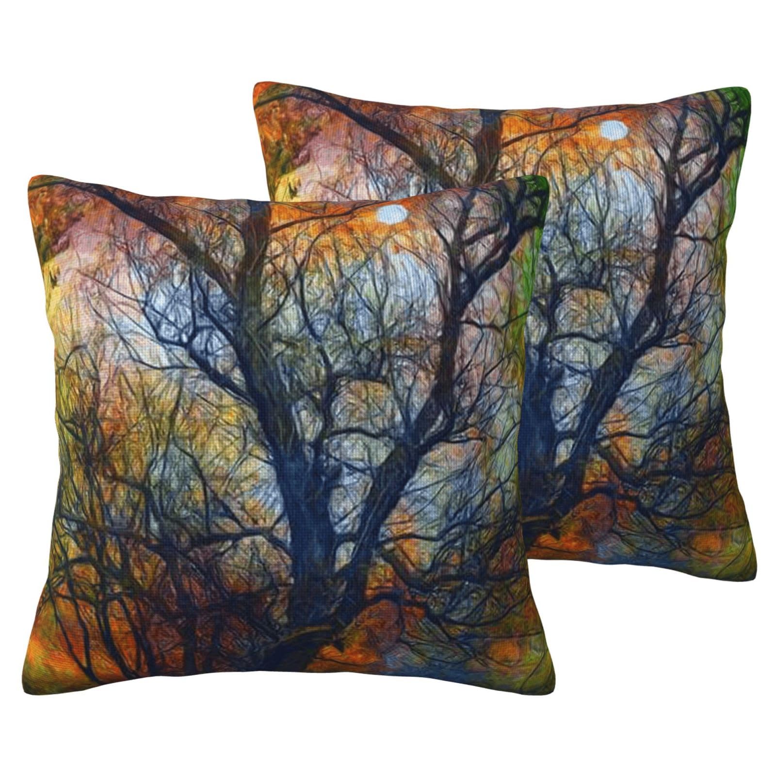 Taies d'oreiller imitation lin lot de 2 housses de coussin motifs arbres colorés salon