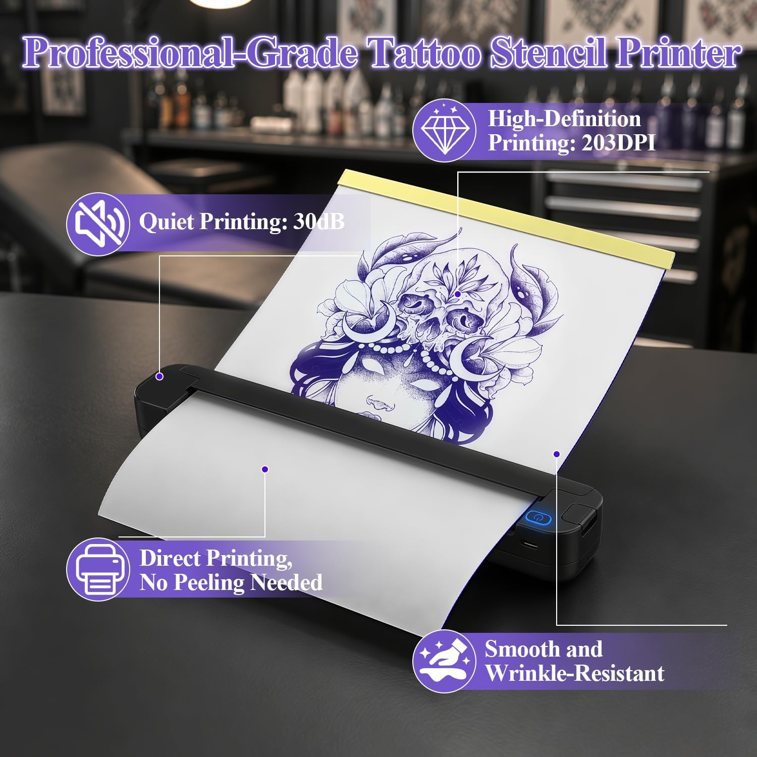 Portable Tattoo Stencil Printer, Bluetooth Thermal Transfer Printer | Portable ST80 tattoo stencil printer with Bluetooth/USB-C, 203 DPI thermal printing, compact 455g body, 10 sheets included