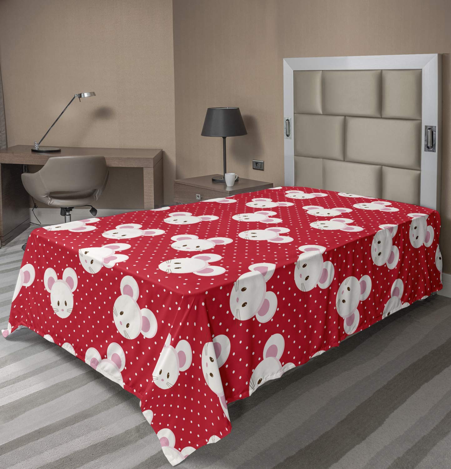 Ambesonne Mouse Flat Sheet, Pattern with Cartoon Animal on Warm Polka Dots 's Layout, Soft Comfortable Top Sheet Decorative Bedding 1 Piece, TwinXL Size, Dark Pink and White