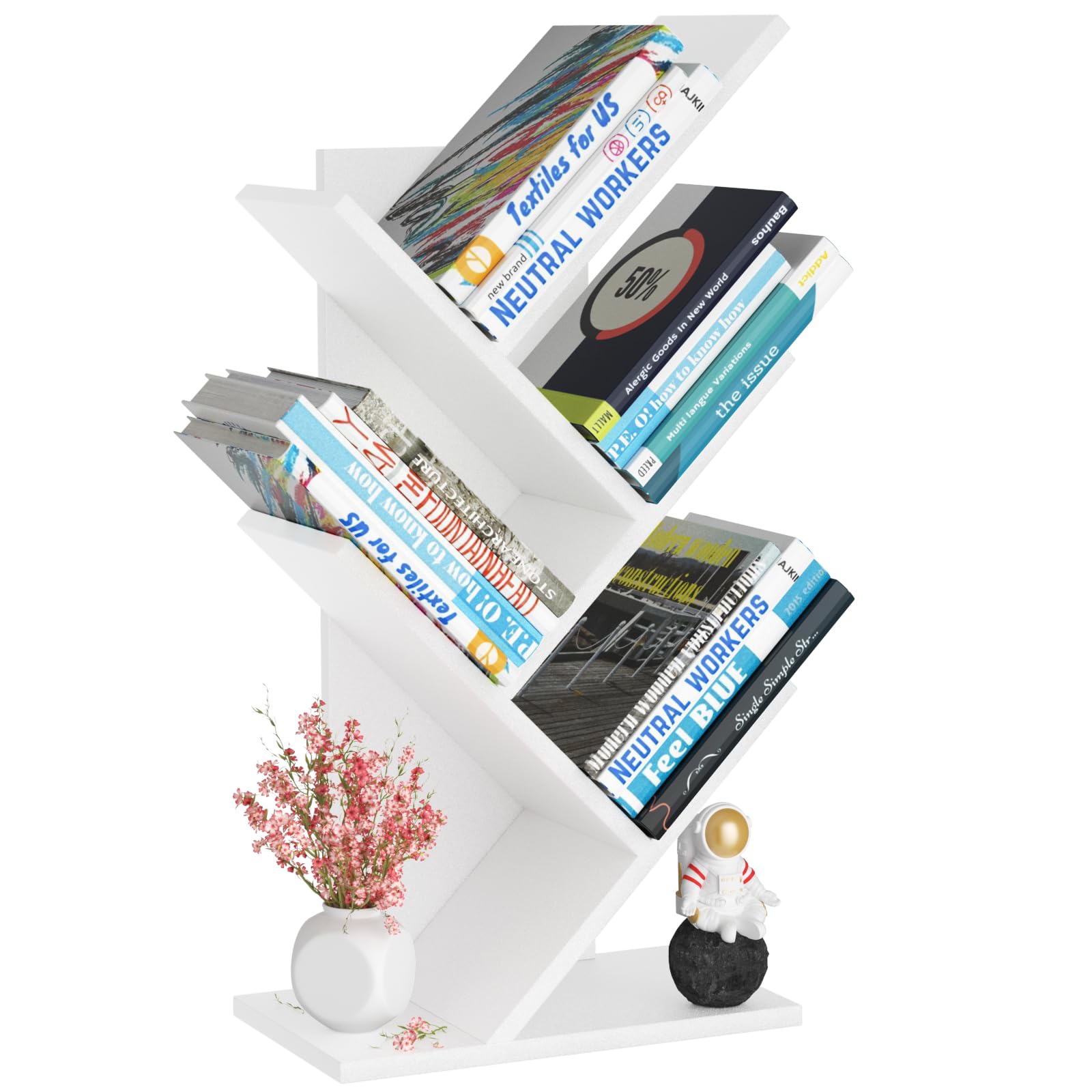 SHEEPAM 5 Tier Tree Book Shelf, Small Desktop Bookshelf with Storage Organizer, Wood Bookcase, Desk Display Bookshelves, Floor Standing Organizer