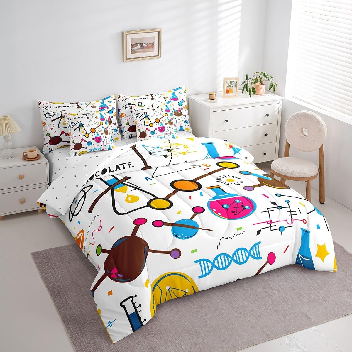 Chemical Equation Twin Comforter Set,Chemistry Science Learning Gift 7 Pieces Bed in a Bag,School Supplies Bedding Sets with 1 Comforter,1 Flat Sheet,1 Fitted Sheet,2 Pillowcase and 2 Pillow Sham