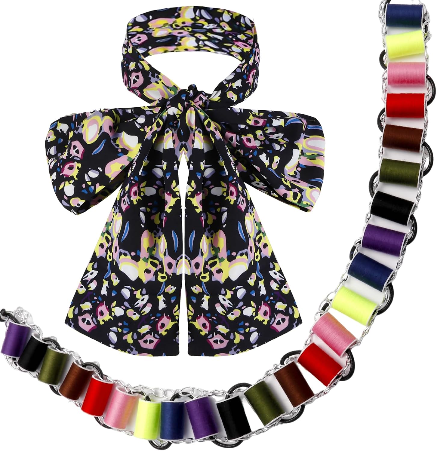 The Hatter Bow Tie Printed Scarf and Colorful Spools Bandolier Set,Hatter Accessories for Halloween Costume Party Cosplay Multi