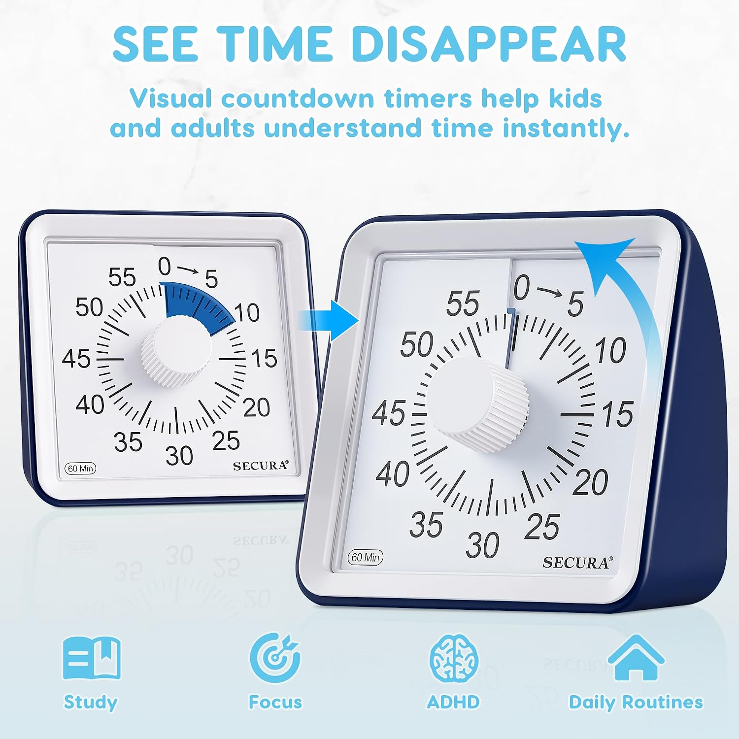Secura Visual Timer for Kids, 60 Minute Classroom Countdown Timer for Study image 2