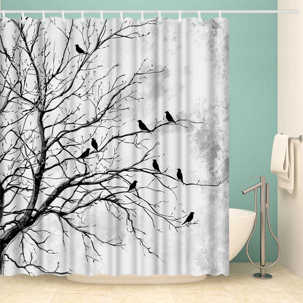 FuShvre Black and White Shower Curtain Tree and Birds Bath Curtain Nature Bathroom Decor Hooks Included 72x72 inches (Grey)