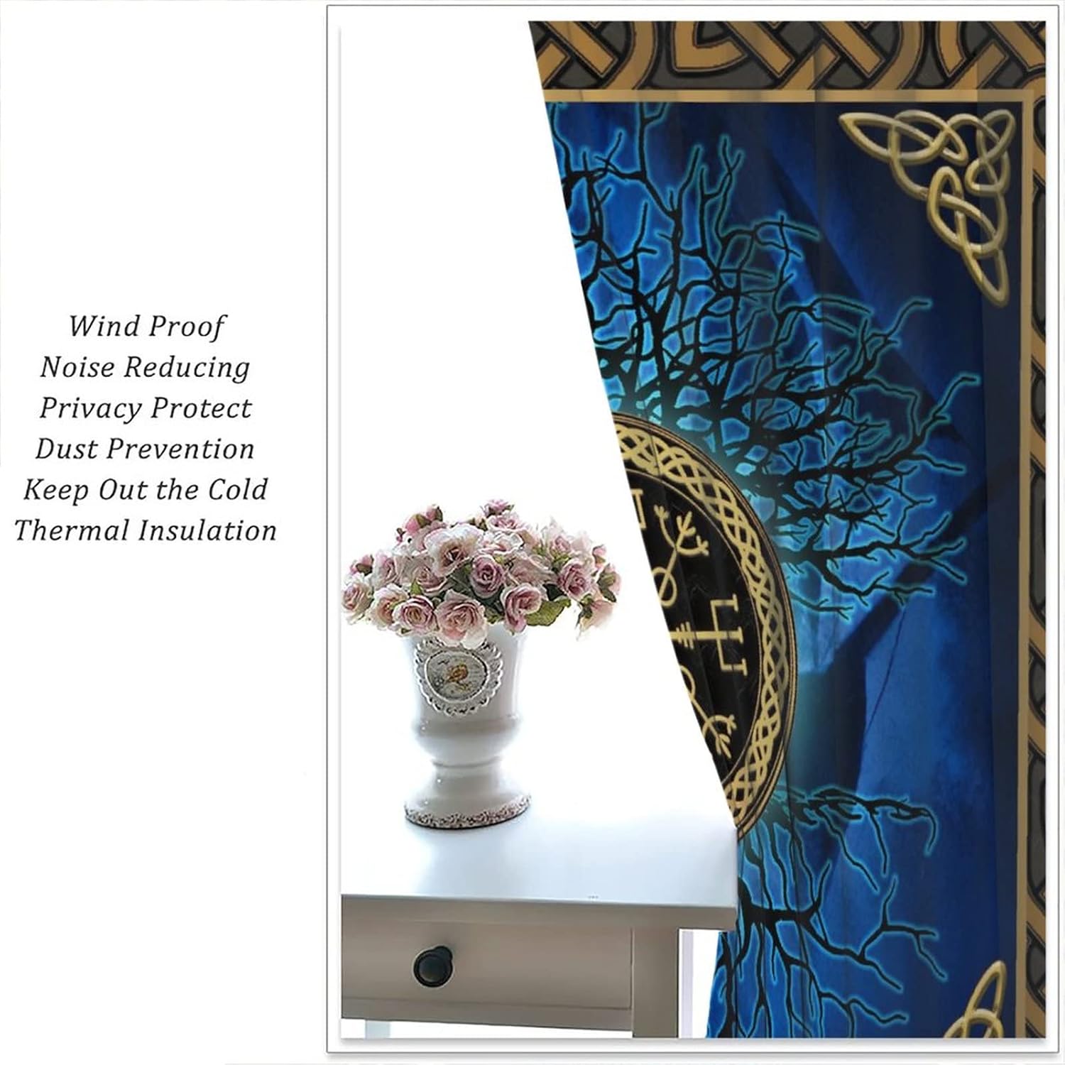 Abstract Retro Vikings Rod Pocket Blackout Curtains for Living Room,Thermal Insulated Cool Norse Mythology Mystical Symbol Viking Window Treatment,2 Panels 63L x 21W