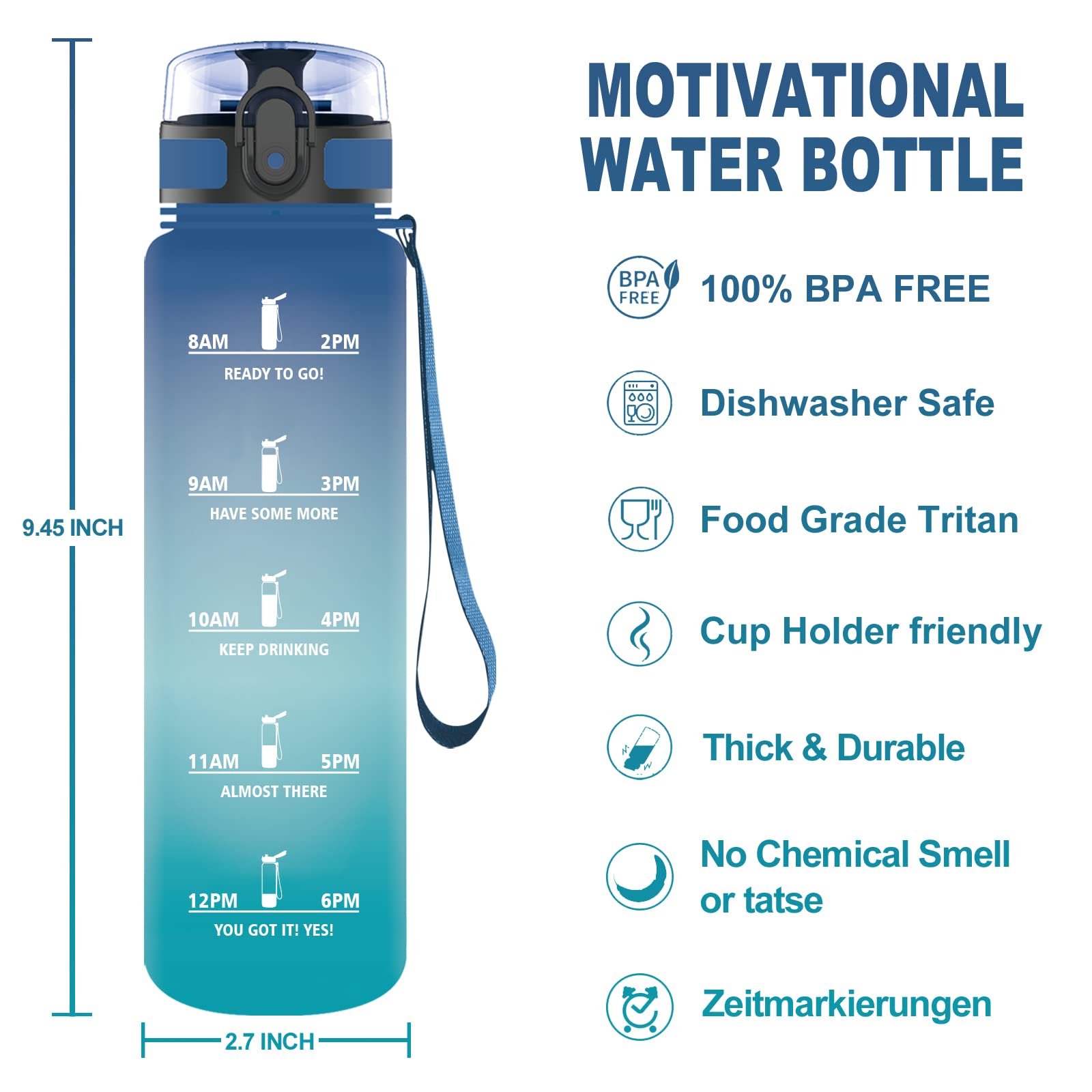 Butelka na wodę, 500ml motywacyjna butelka na wodę, butelka na napoje sportowe z porą picia i blokadą, szczelna, bez BPA, przenośna butelka sportowa z filtrem, na siłownię, szkołę, kolarstwo