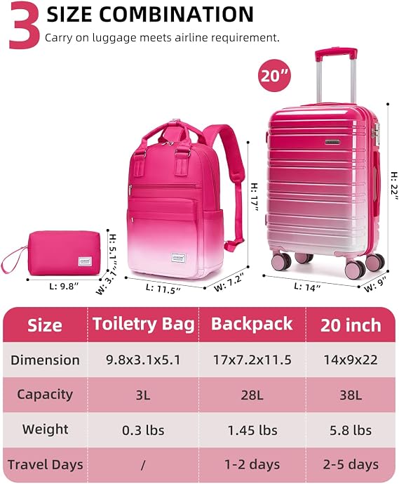 LARVENDER Carry on Luggage Sets 3 Piece, 20 Inch Suitcases, Berry Sparkling