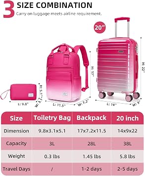 LARVENDER Carry on Luggage Sets 3 Piece, 20 Inch Suitcases, Berry Sparkling