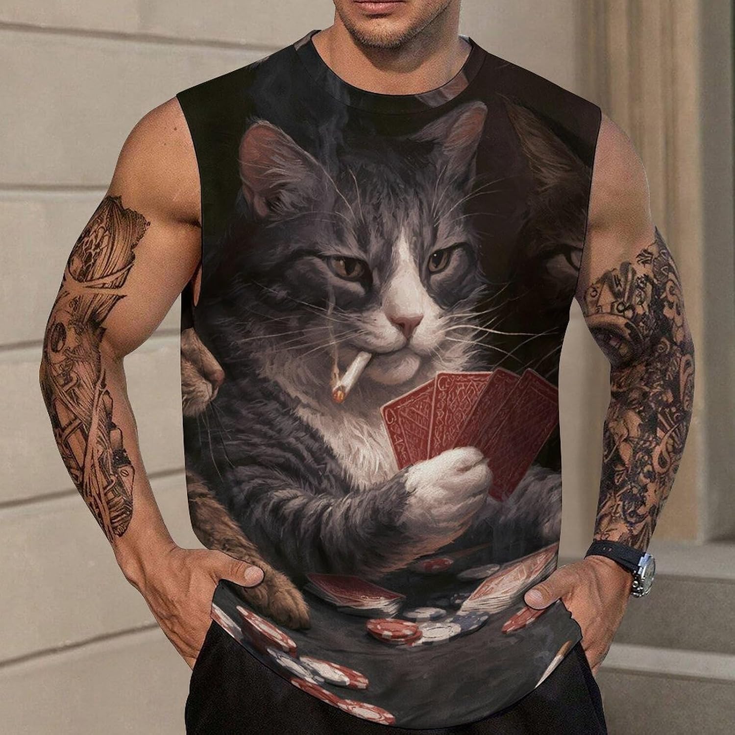 Cats Playing Poker Men Summer Sleeveless Crew Neck Top 5XL