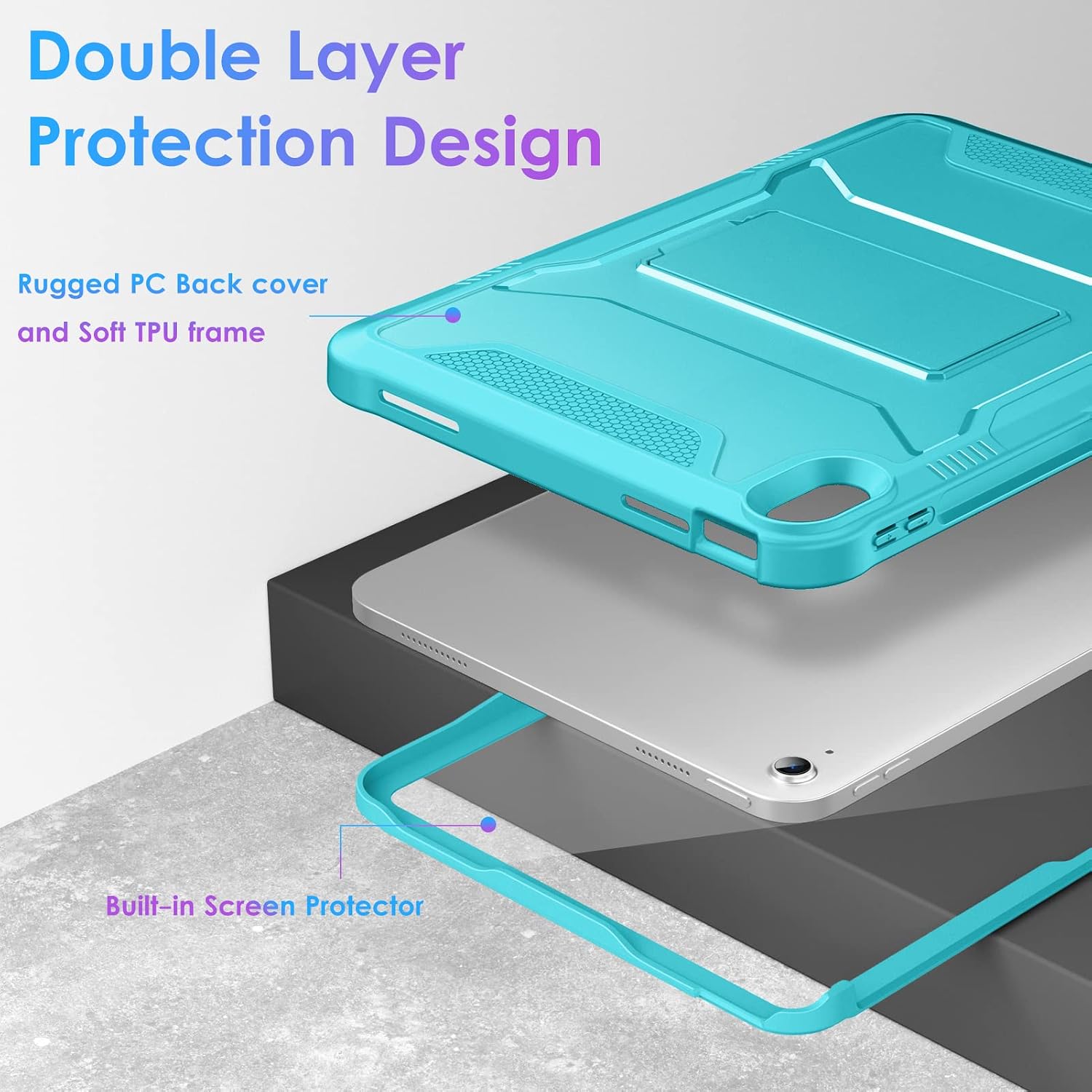 DTTO Case for iPad (A16) 11th Generation 11-Inch 2025, iPad 10th Generation 10.9-Inch 2022, Durable Shockproof Full Body Protective Cover with Built-in Screen Protector, Cyan Blue