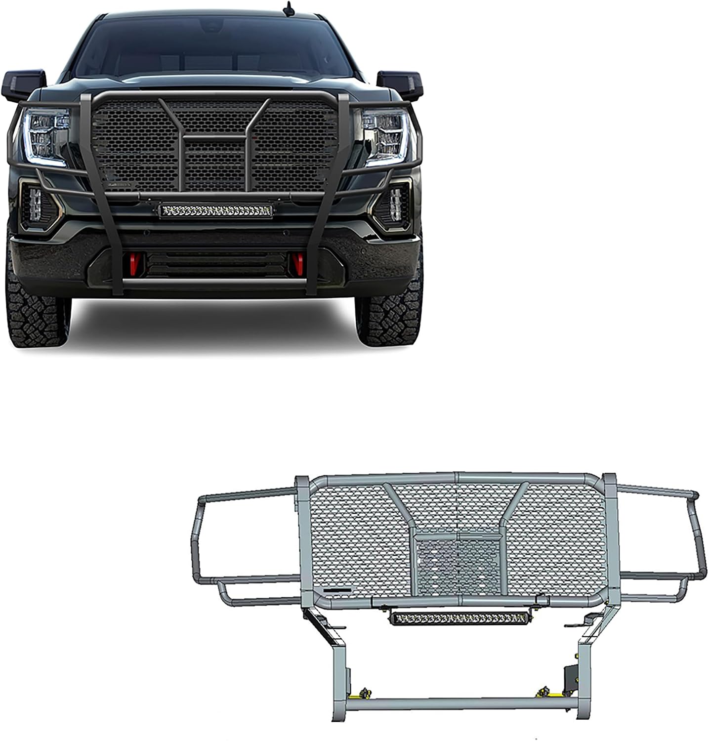 Black Horse RUGGED Heavy Duty Grille Brush Bumper Guard Modular Black Come With Single Row LED Light Compatible with 2019-2021 GMC Sierra 1500-RU-GMSI19-B-K2