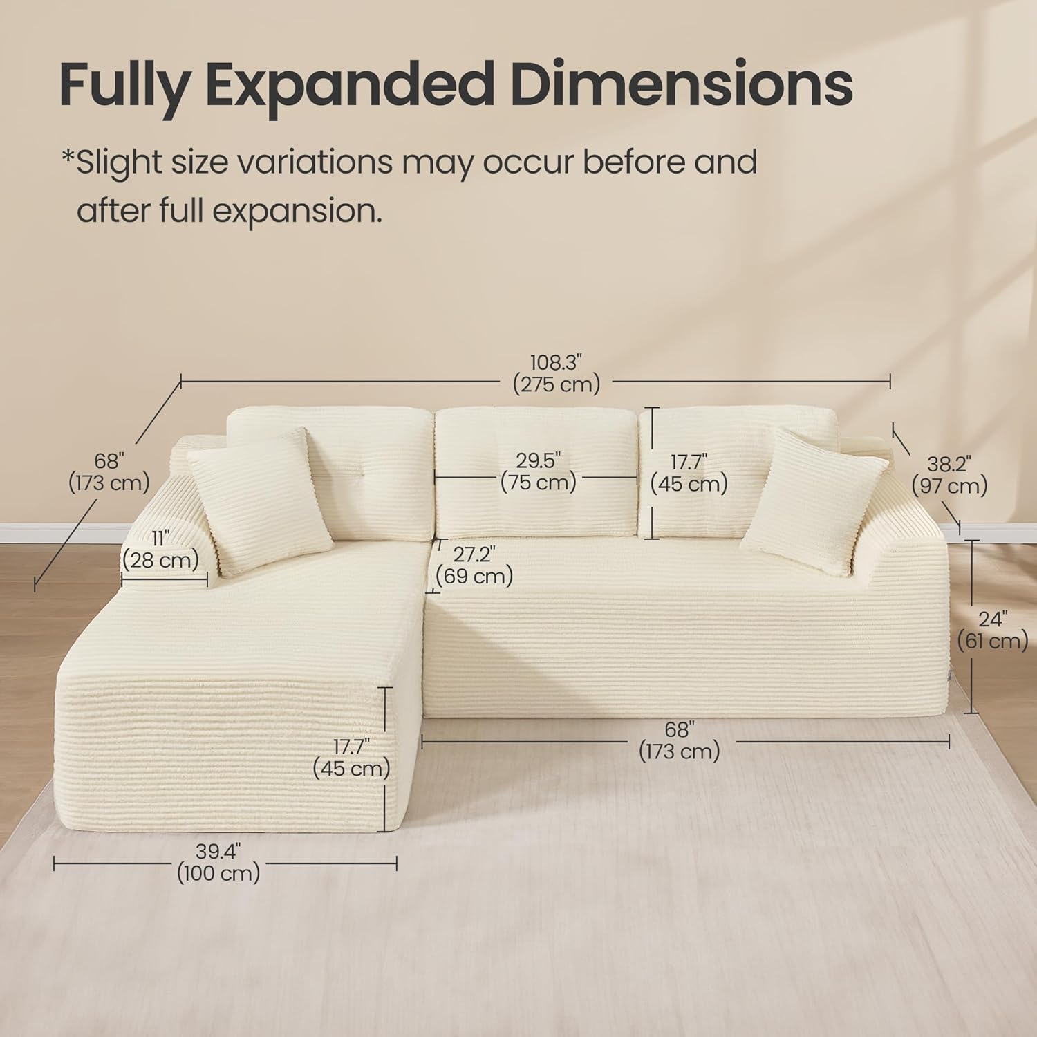 Detailed dimensions of the VASAGLE ULCS181WD01 sofa