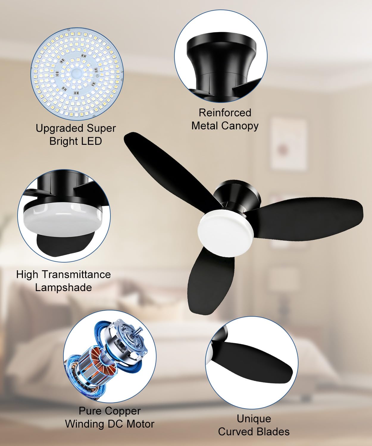 Macchiatto Deckenventilator mit Beleuchtung, 107 cm Leiser Deckenleuchte mit Ventilator mit Fernbedienung, 3 Lichtfarben Dimmbar, Timer,Deckenlampe mit Ventilator für Schlafzimmer Wohnzimmer Küche