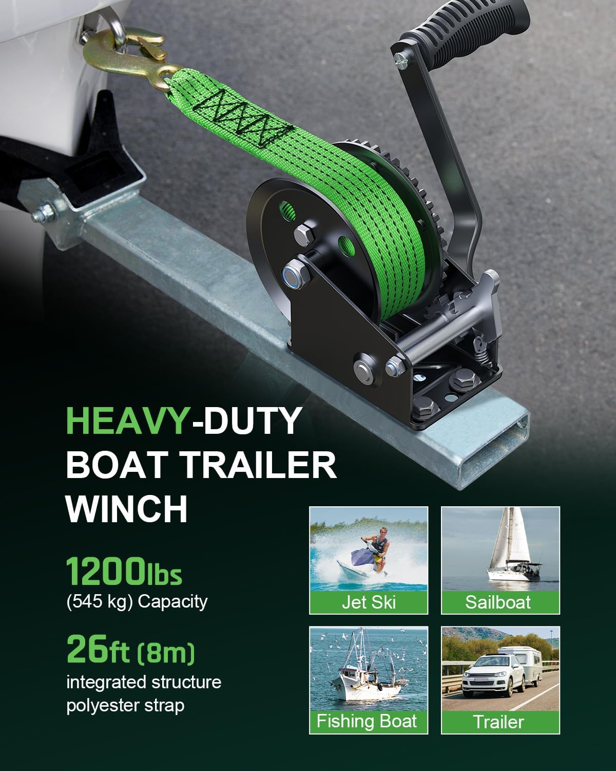kolvoii 1200 lbs boat trailer winch with strap, portable hand winch, 2-way ratchet 4:1 gear ratio for boat, trailer, marine and jet ski, 26ft strap, green 1200 lbs green