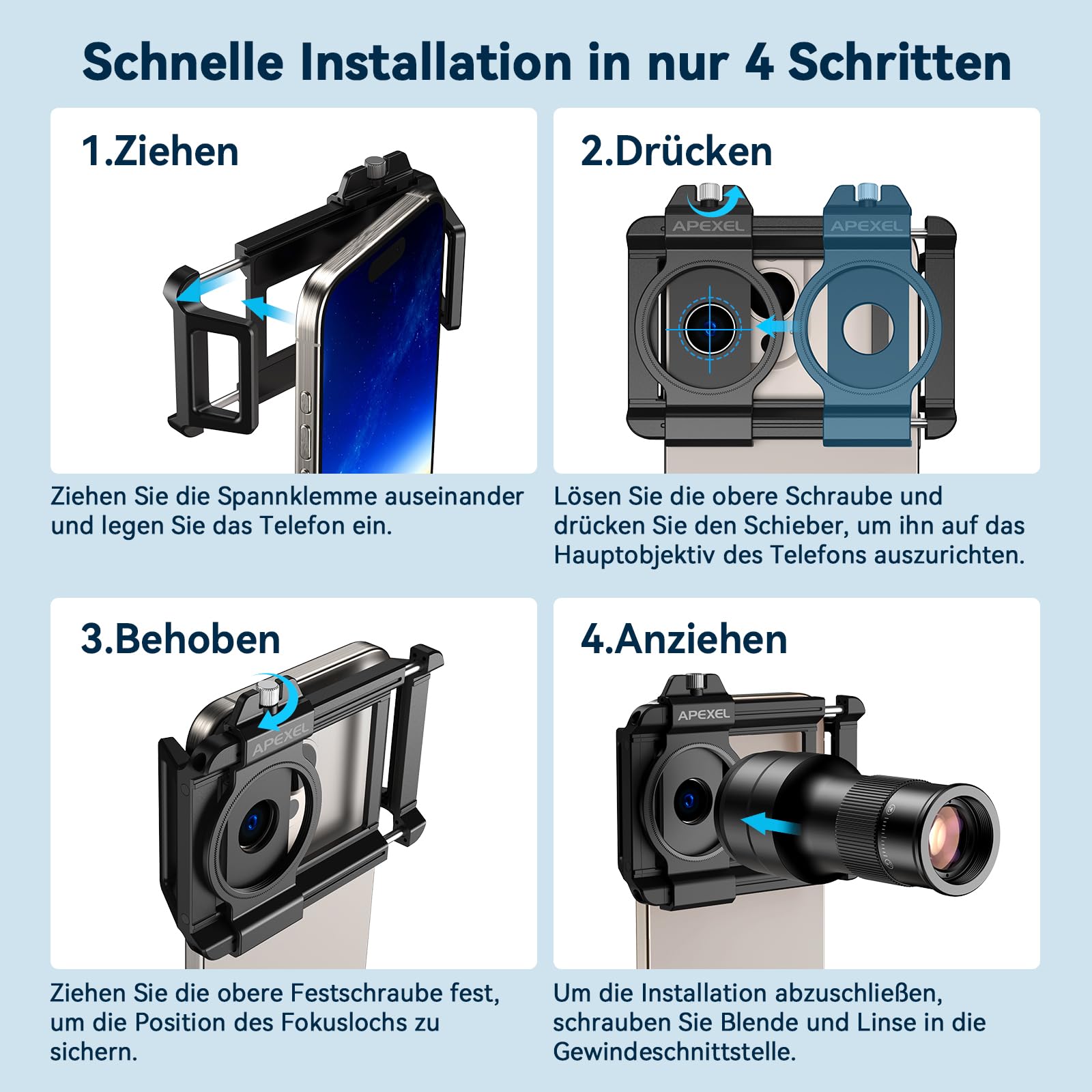 APEXEL 6X HD Teleobjektiv mit Fixfokus und verbessertem Universalclip, 150-mm-Makroobjektiv, Handy-Objektivset, kompatibel mit den meisten Mobiltelefonen-XXL-6X