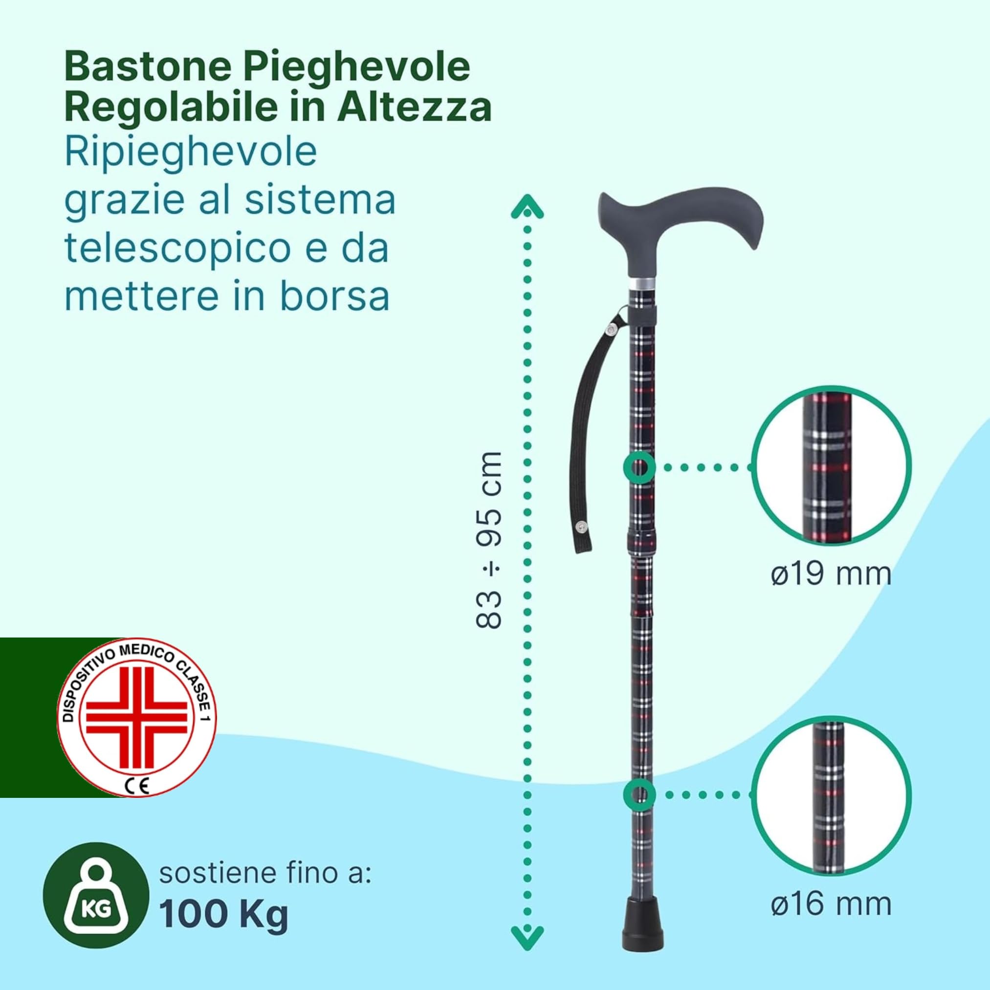Bastone per Anziani Pieghevole in Alluminio Anodizzato con Impugnatura Derby Morbida, Bastone da Passeggio Regolabile H. 83-95 cm