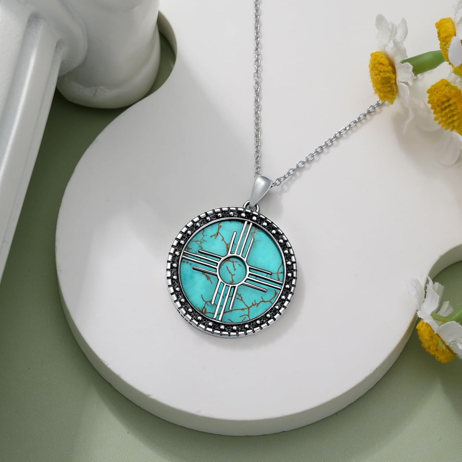 Turquoise Zia Sun Symbol Necklace 925 Sterling Silver Real Turquoise Gemstone Zia Pendant New Mexico Jewelry Gifts for Women - Image 4