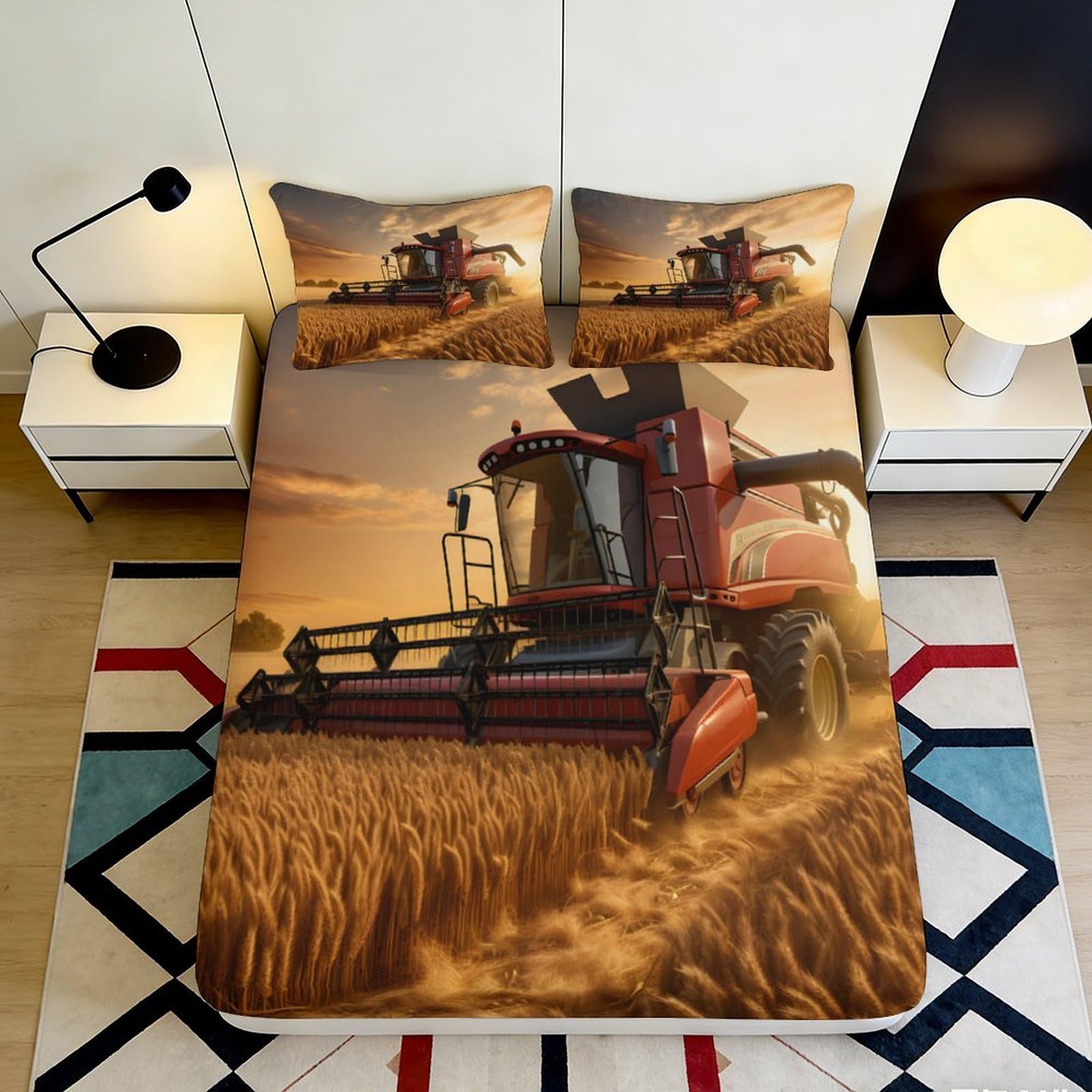 3D Printed Harvest Wheat Field Fitted Sheet Microfiber Anti-Slip Red Combine Harvester Bed Cover Machine Washable Decor 90x200x25cm