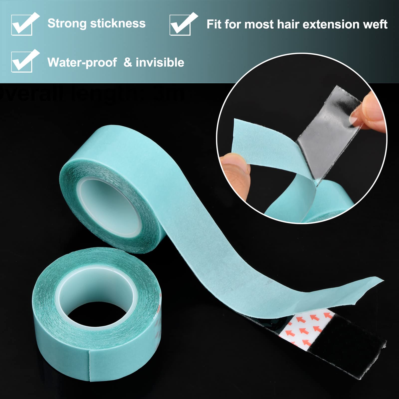 2 rollos de cinta adhesiva para extensiones de cabello, 3 m × 2 cm, fuerte fuerza adhesiva, resistente al agua, cinta adhesiva de repuesto para extensiones y pelucas