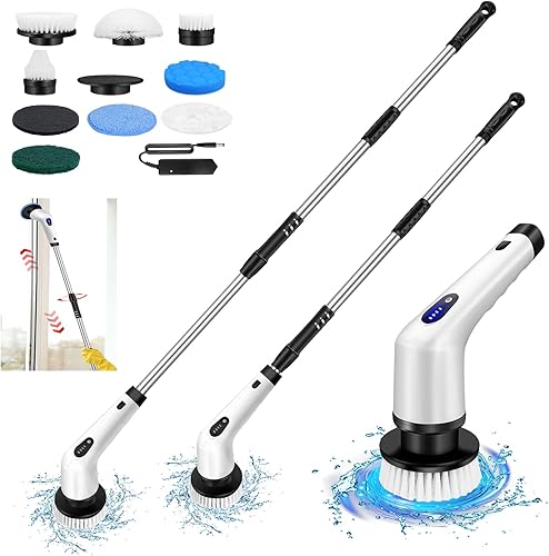 Limpiador eléctrico giratorio, limpiador de ducha, limpiador eléctrico inalámbrico para bañera con mango largo y 10 cabezales de cepillo, cepillo de